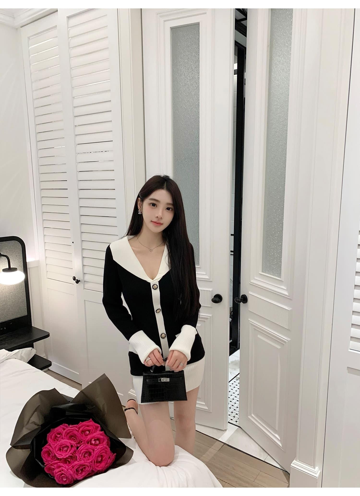 작은 샤넬 스타일 배색 폴로 칼라 니트 드레스 V넥 싱글 줄 버튼 긴팔 허리 수축 몸매 가꾸기 페이크 레이어드 타이트 스커트 미니 스커트 상세 이미지 10