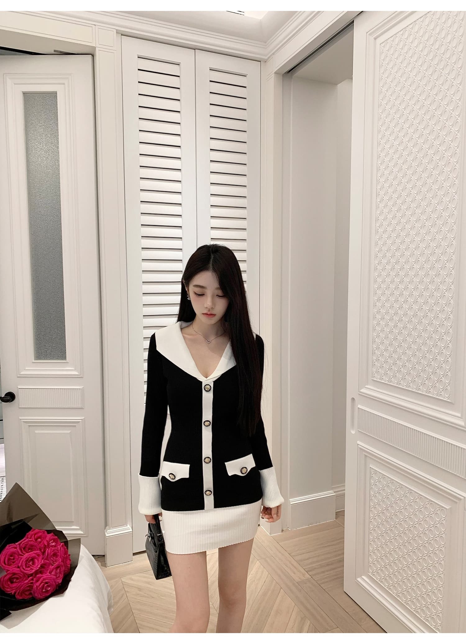 작은 샤넬 스타일 배색 폴로 칼라 니트 드레스 V넥 싱글 줄 버튼 긴팔 허리 수축 몸매 가꾸기 페이크 레이어드 타이트 스커트 미니 스커트 상세 이미지 11