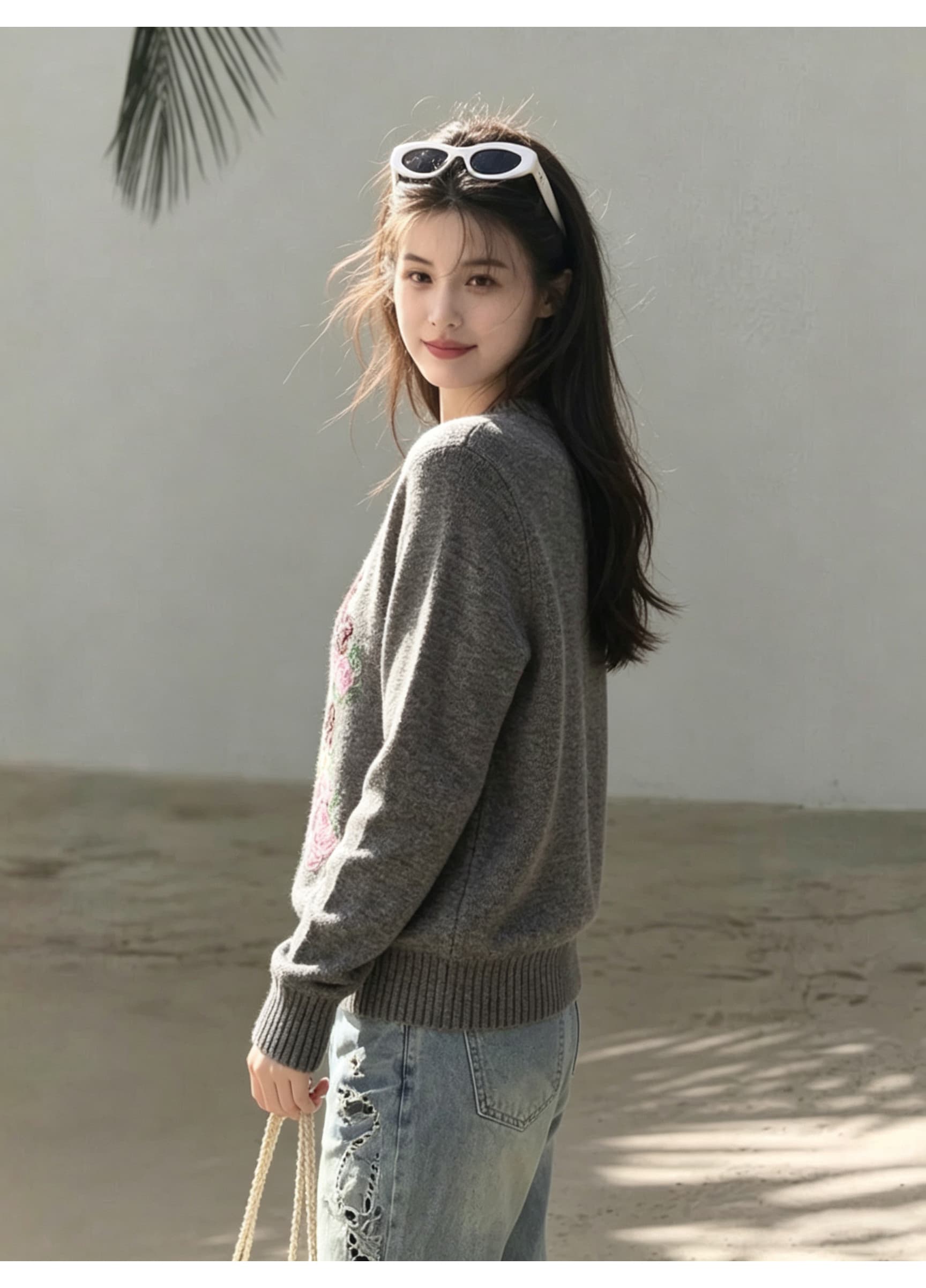 레트로 꽃무늬 프린트 라운드 넥 니트 스웨터 가을 느긋한 가을 어깨 루즈핏 긴팔 부드러운 찹쌀 풀오버 다용도 맨위 상세 이미지 5