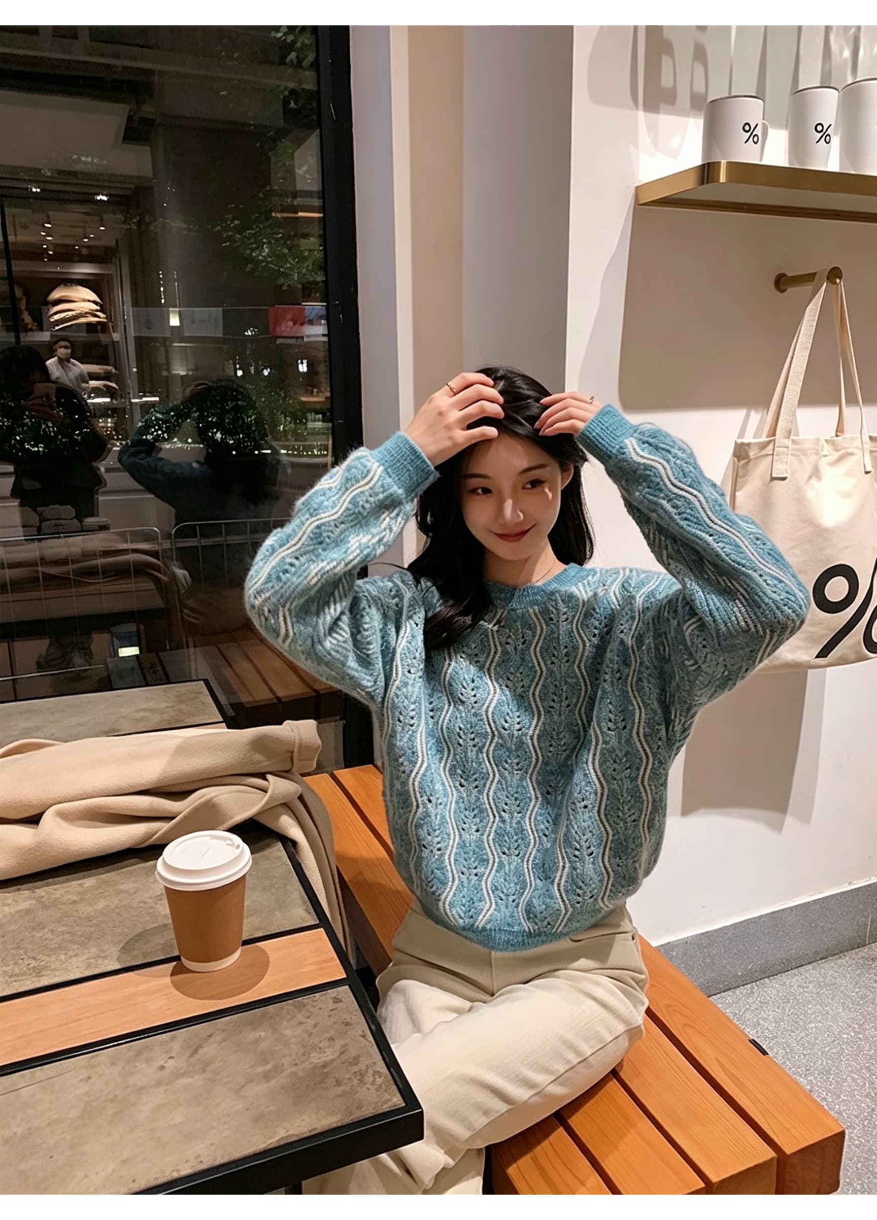 프랑스식 달콤함 긴팔 라운드 넥 부드러운 찹쌀 트위스트 꽃 니트 스웨터 가을 새로운 느긋한 바람 패션 품격 연령 감소 스웨터 상세 이미지 5