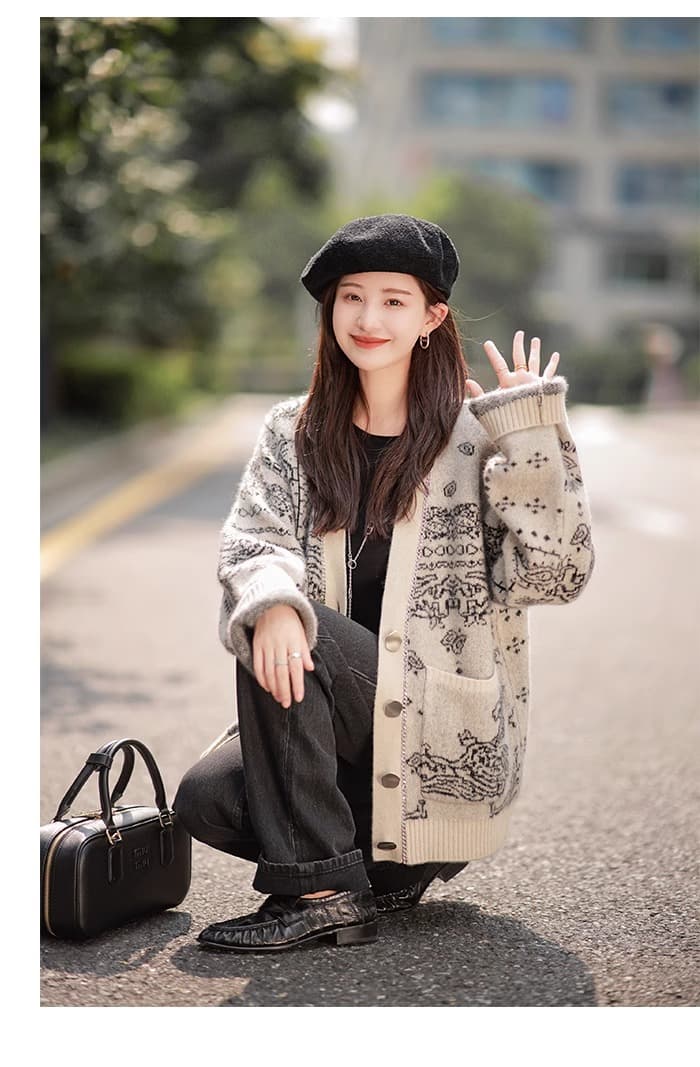 무거운 작업 V넥 자카드 느긋한 바람 부드러운 찹쌀 스웨터 여자 가을 루즈핏 니트 오픈 가디건 고급 디자인 센스 재킷 트렌디 상세 이미지 10
