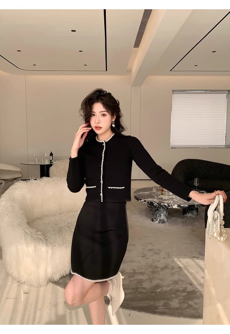 프랑스식 작은 샤넬 스타일 가을 새로운 두 조각 여성 세트 부드러운 출퇴근 검정색 슬림해 보이는 짧은 외투 반신 치마 세트 상세 이미지 14