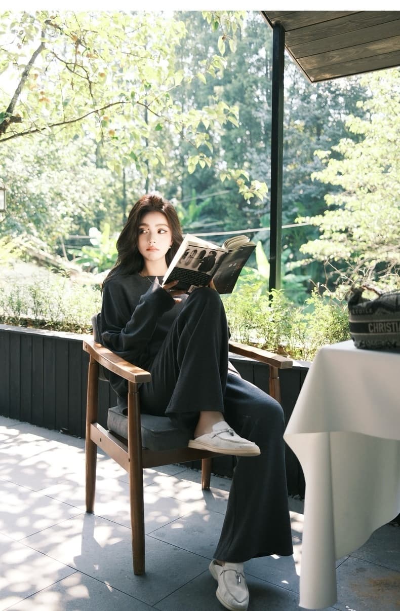 한국 스타일 캐주얼 느긋한 바람 가을 새로운 니트 세트 익스트림 제인 바람 휴식 센스 후드티 와이드 레그 팬츠 두 조각 여성 세트 상세 이미지 37