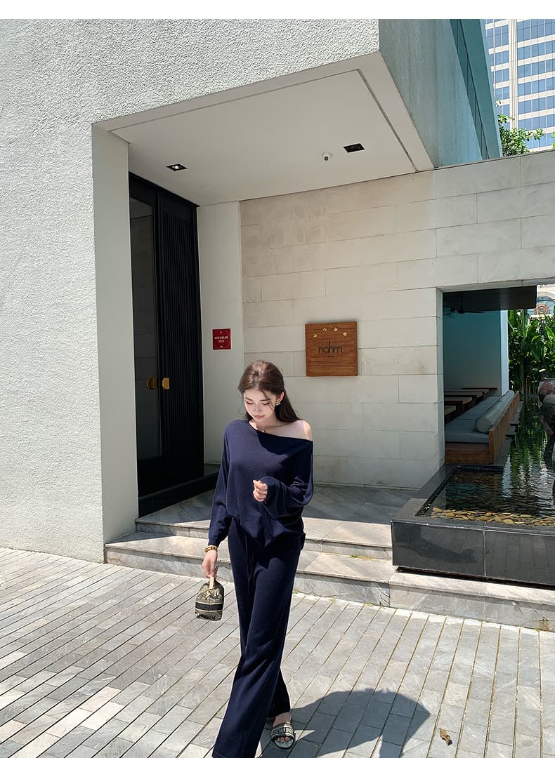 한국 스타일 품격 느긋한 바람 가을 새로운 디자인 센스 핫걸 비스듬한 어깨 니트 맨위 휴식 센스 와이드 레그 팬츠 세트 상세 이미지 10