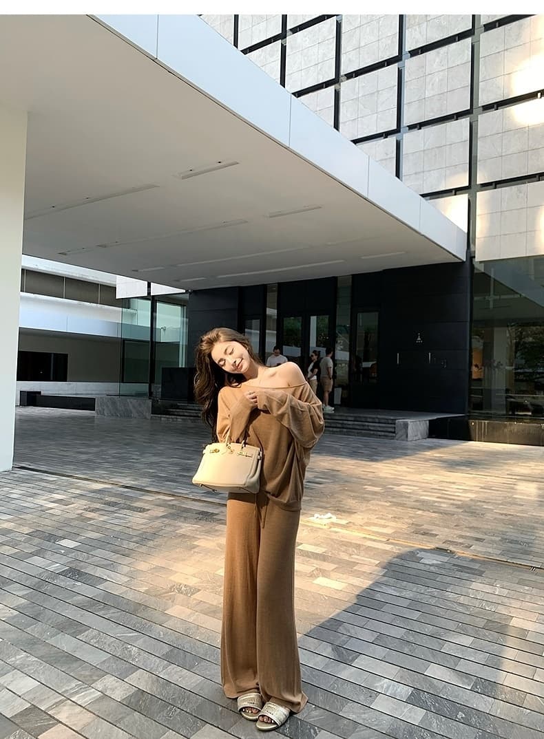 한국 스타일 품격 느긋한 바람 가을 새로운 디자인 센스 핫걸 비스듬한 어깨 니트 맨위 휴식 센스 와이드 레그 팬츠 세트 상세 이미지 15