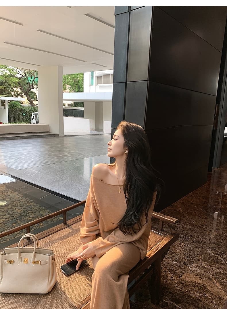 한국 스타일 품격 느긋한 바람 가을 새로운 디자인 센스 핫걸 비스듬한 어깨 니트 맨위 휴식 센스 와이드 레그 팬츠 세트 상세 이미지 16