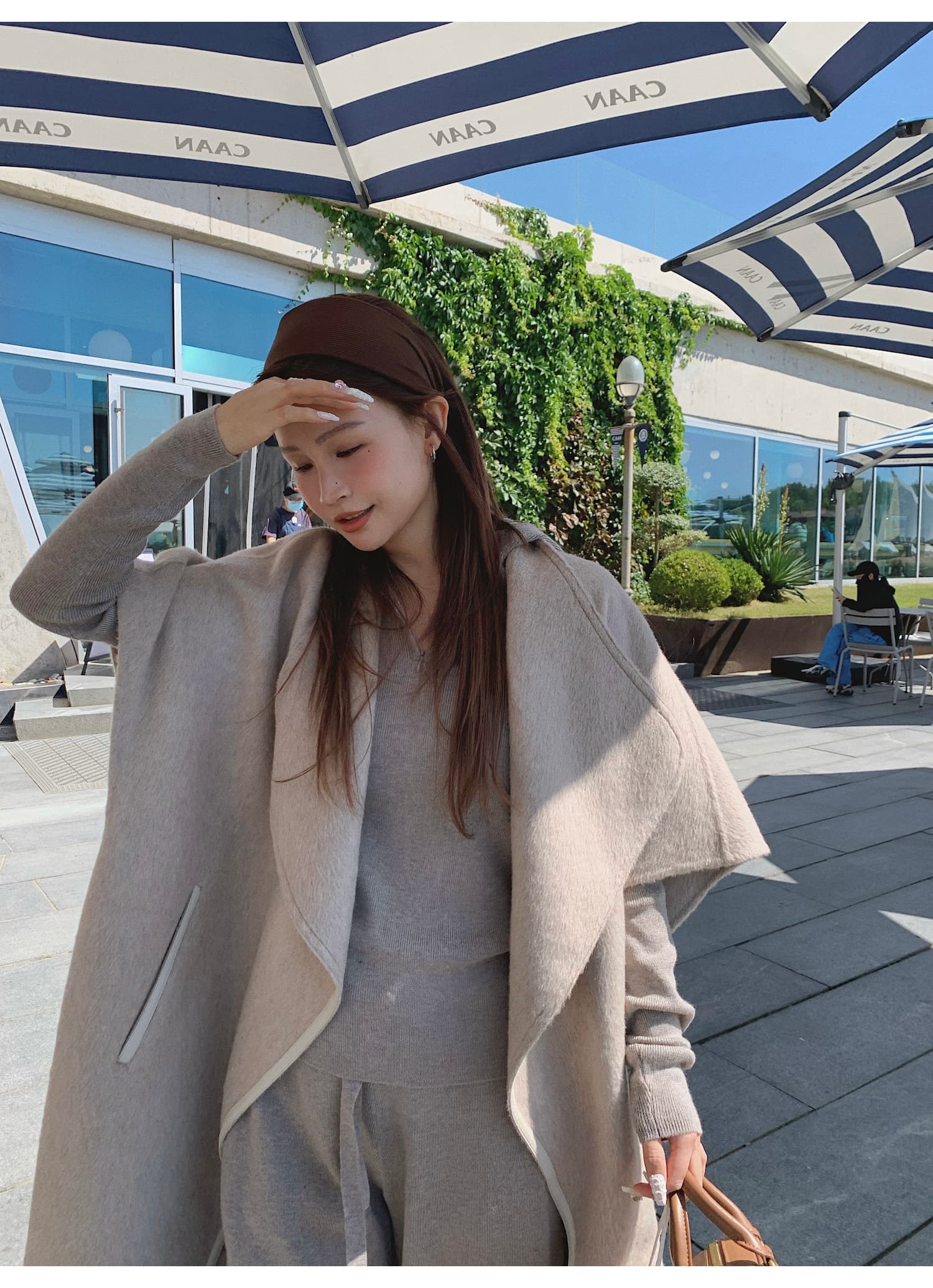 느슨함 센스 게으른 캐주얼 단색 세트 가을 새로운 세련된 튀김 거리 후드 니트 스웨터 스트레이트 팬츠 투피스 세트 상세 이미지 5