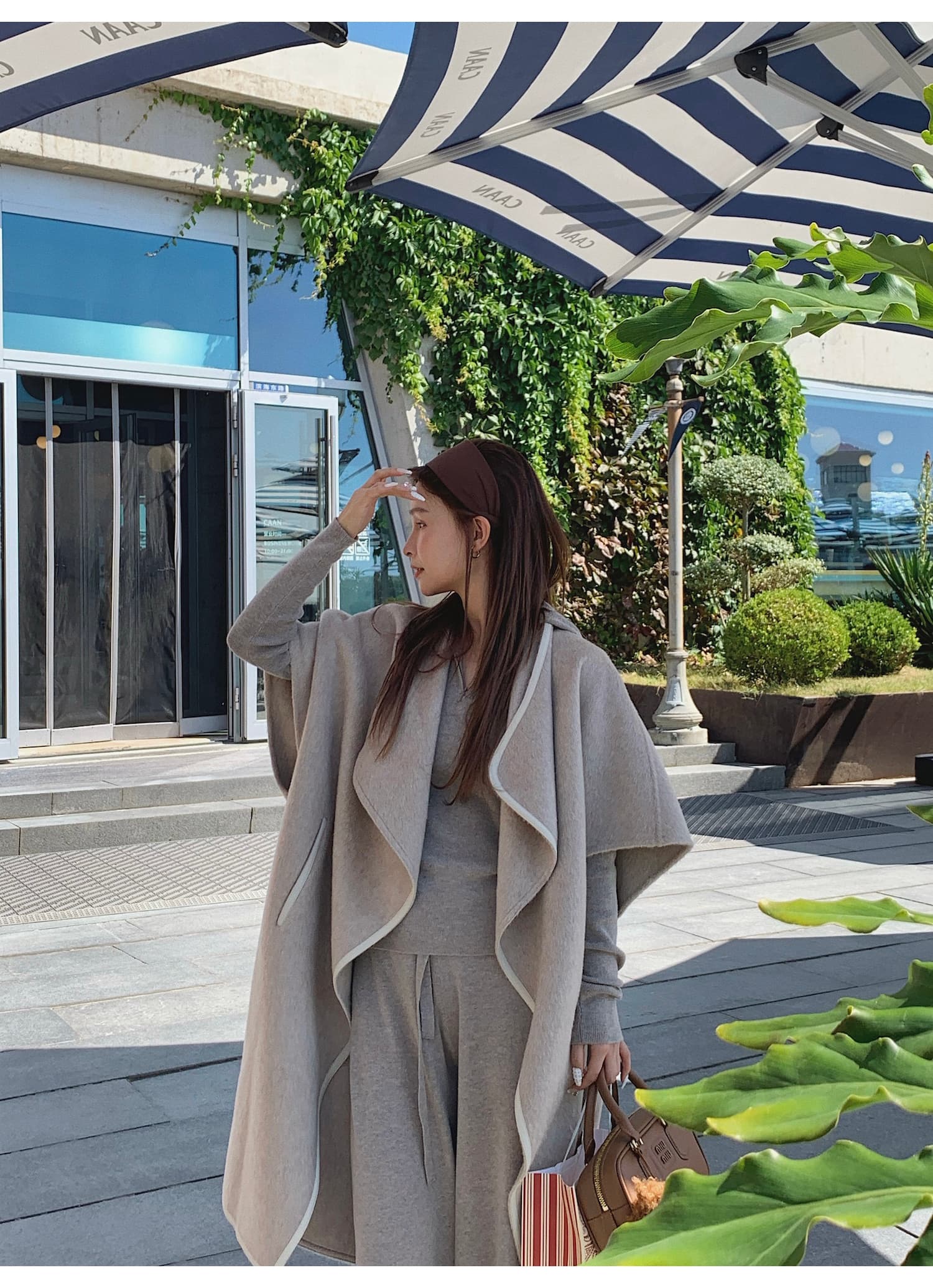 느슨함 센스 게으른 캐주얼 단색 세트 가을 새로운 세련된 튀김 거리 후드 니트 스웨터 스트레이트 팬츠 투피스 세트 상세 이미지 7