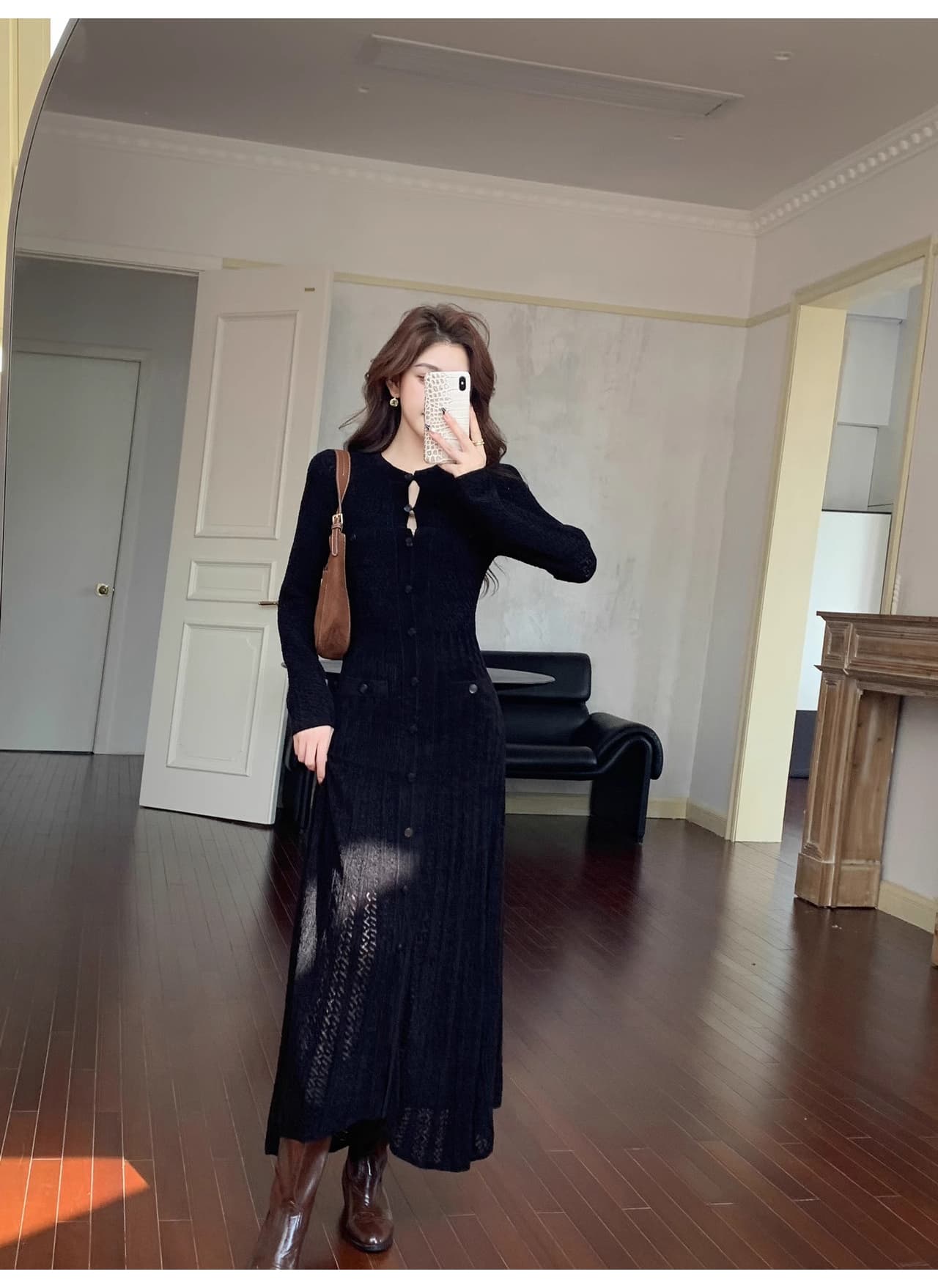 품격 고급 센스 작은 대중 숙녀 검정색 드레스 가을 새로운 빛 럭셔리 비싼 가스 자카드 싱글 줄 버튼 롱 스커트 상세 이미지 14