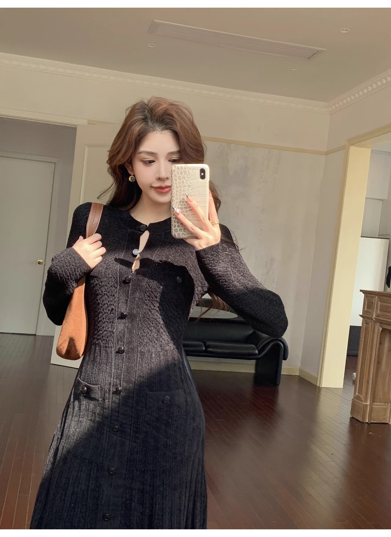 품격 고급 센스 작은 대중 숙녀 검정색 드레스 가을 새로운 빛 럭셔리 비싼 가스 자카드 싱글 줄 버튼 롱 스커트 상세 이미지 21