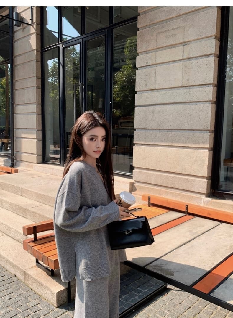 가을 겨울 새로운 느긋한 바람 착용 가져 가라. 패션 연령 감소 반 개방 칼라 니트 스웨터 스웨터 루즈핏 와이드 레그 팬츠 캐주얼 세트 상세 이미지 22