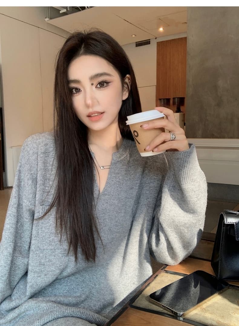 가을 겨울 새로운 느긋한 바람 착용 가져 가라. 패션 연령 감소 반 개방 칼라 니트 스웨터 스웨터 루즈핏 와이드 레그 팬츠 캐주얼 세트 상세 이미지 35