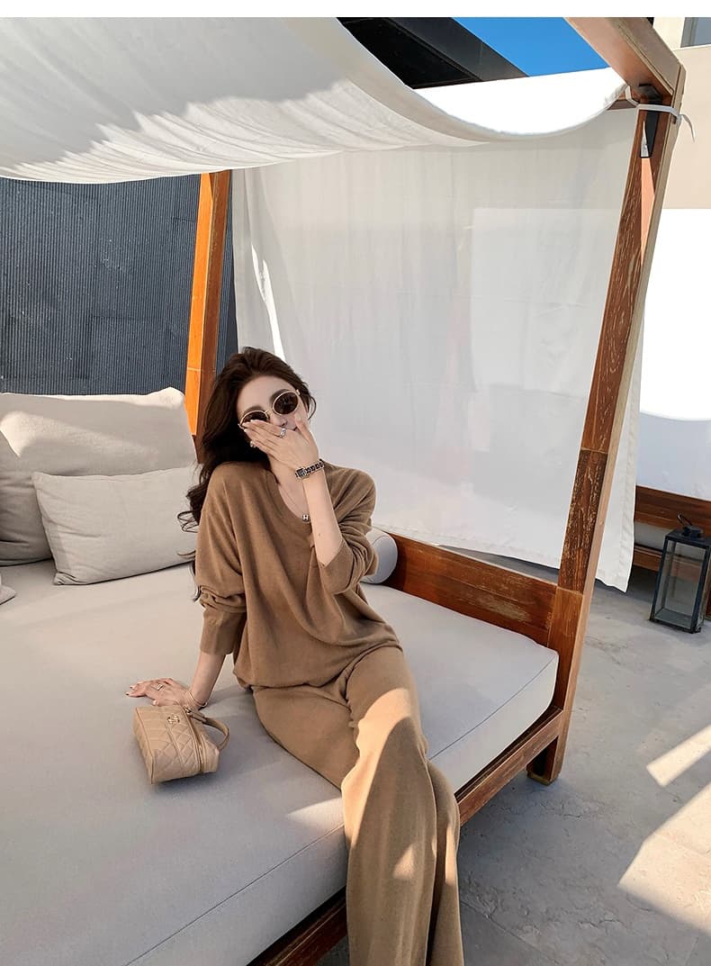 캐주얼 느긋한 바람 휴식 센스 게으른 니트 세트 가을 새로운 u 칼라 주머니 스웨터 와이드 레그 팬츠 투피스 세트 상세 이미지 16