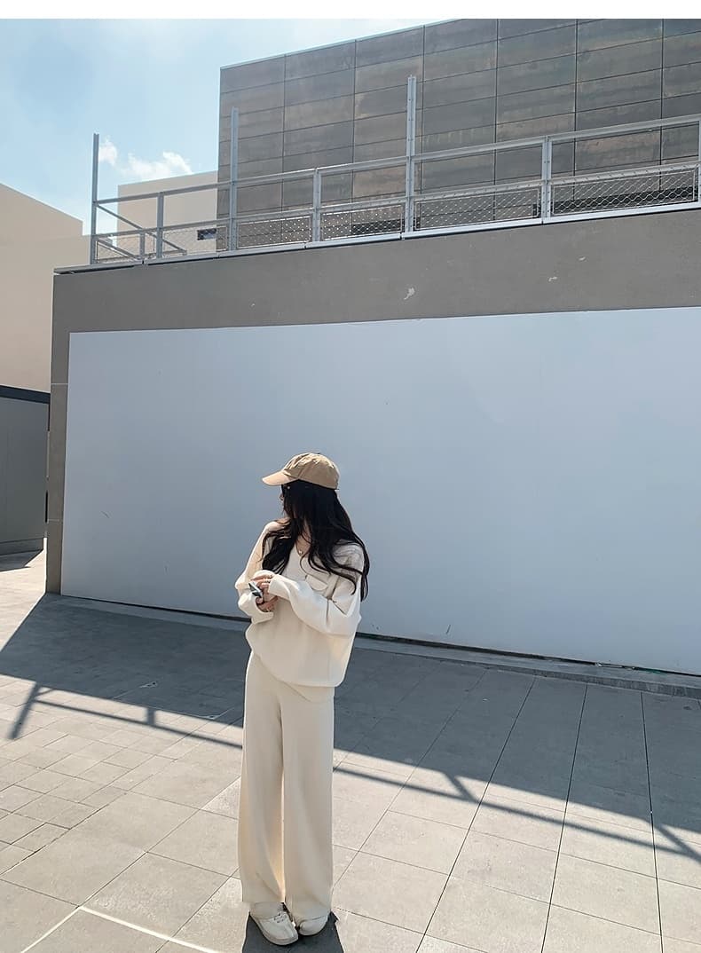 캐주얼 느긋한 바람 휴식 센스 게으른 니트 세트 가을 새로운 u 칼라 주머니 스웨터 와이드 레그 팬츠 투피스 세트 상세 이미지 23