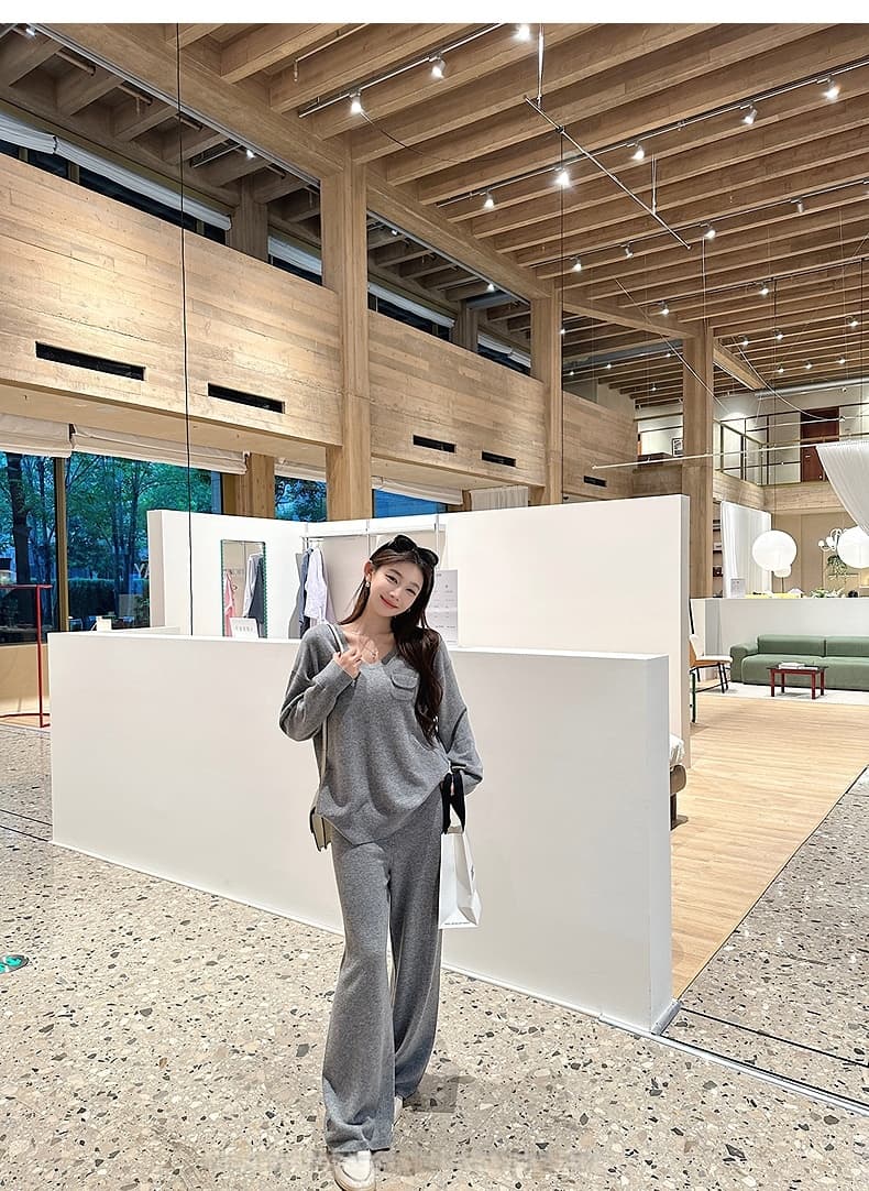캐주얼 느긋한 바람 휴식 센스 게으른 니트 세트 가을 새로운 u 칼라 주머니 스웨터 와이드 레그 팬츠 투피스 세트 상세 이미지 38