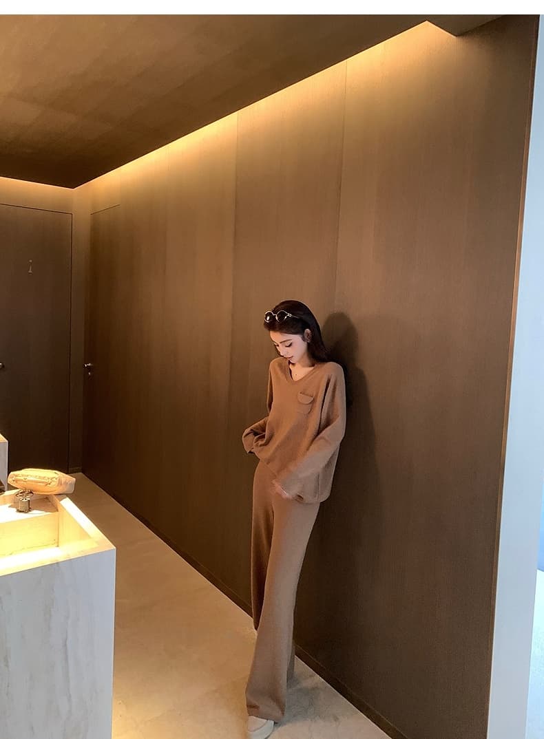 캐주얼 느긋한 바람 휴식 센스 게으른 니트 세트 가을 새로운 u 칼라 주머니 스웨터 와이드 레그 팬츠 투피스 세트 상세 이미지 39