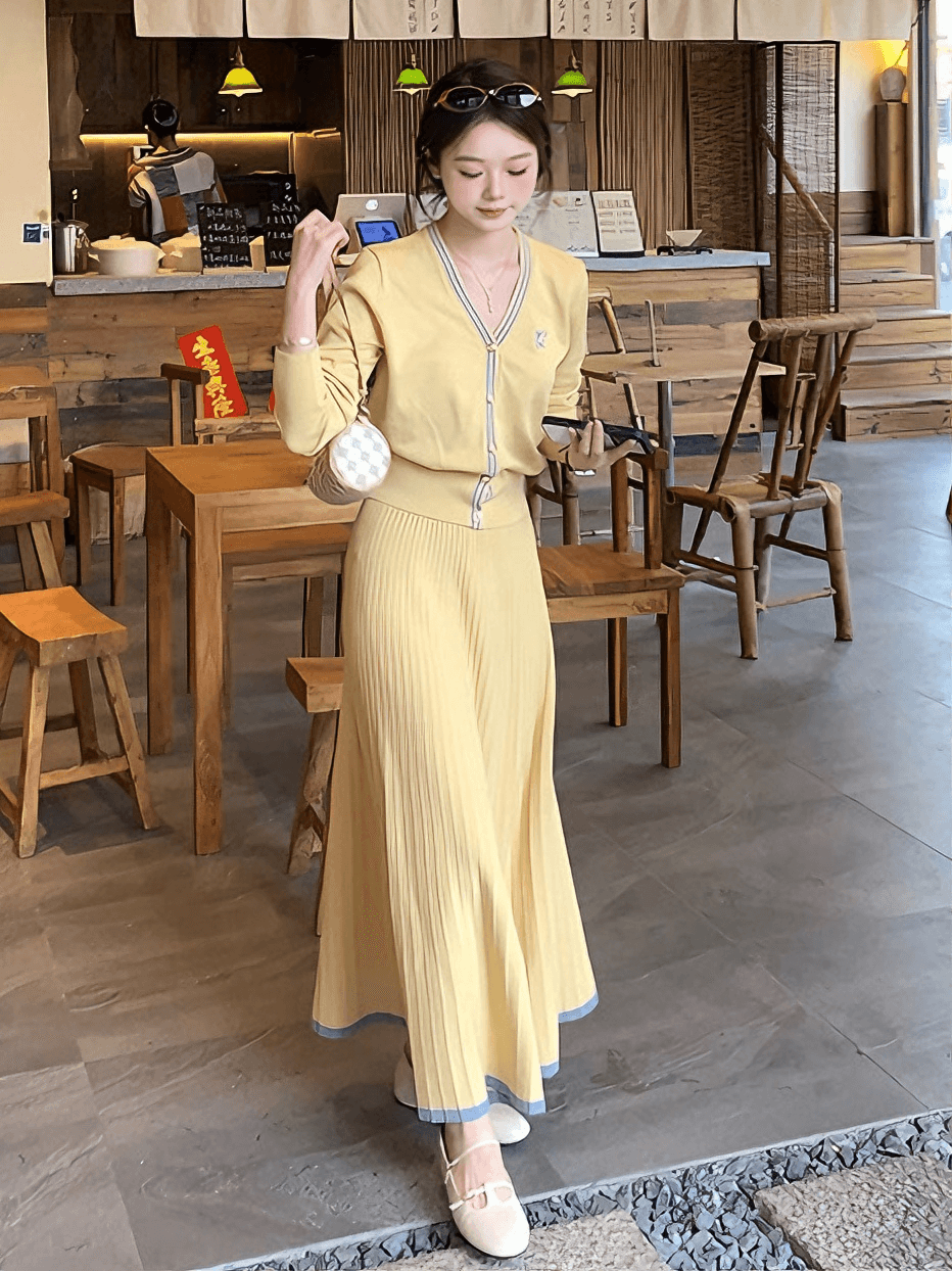 가을 V넥 니트 오픈 가디건 반신 롱 스커트 두 조각 여성 세트 부드러운 바람 허리 수축 슬림해 보이는 품격 출퇴근 세트 이미지 2