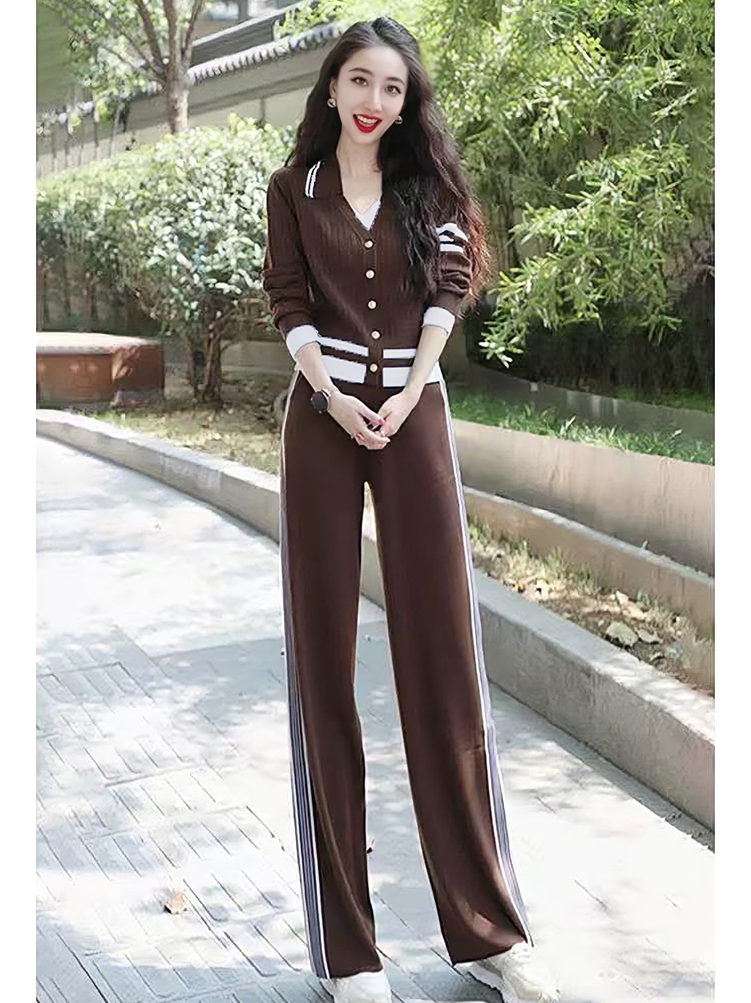 항구 바람 작은 대중 노스탤지어 디자인 패션 세트 가을 새로운 캐주얼 오픈 가디건 긍정적 인 어깨 의류 와이드 레그 팬츠 투피스 세트