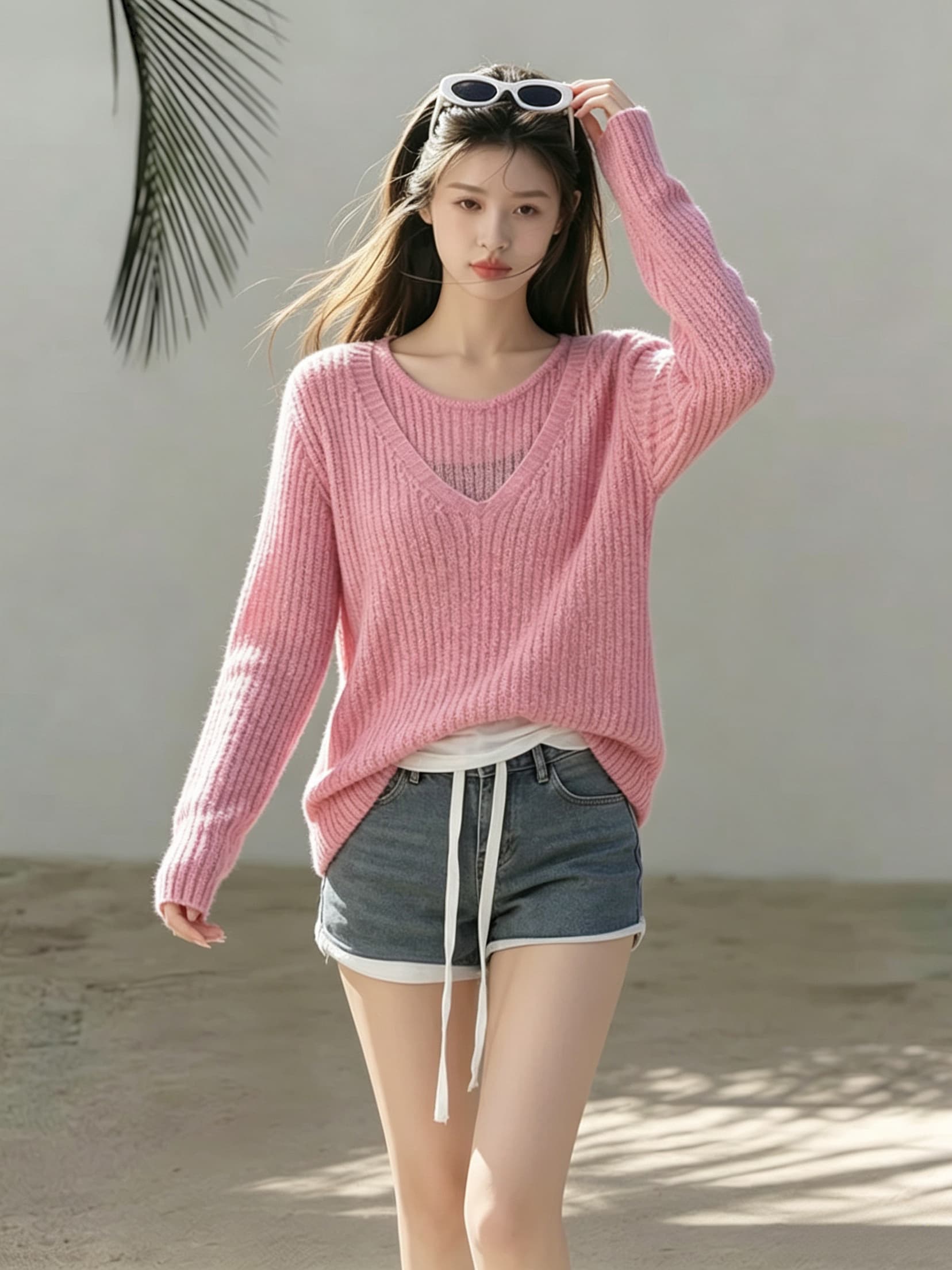 페이크 레이어드 니트 맨위 V넥 홀로우 아웃 행침 목 긴팔 스웨터 루즈핏 느긋한 바람 분위기 센스 풀오버 니트 스웨터