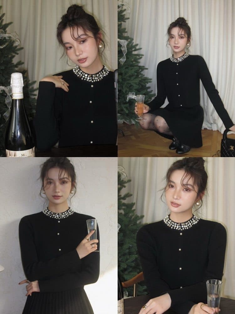 부드러운 바람 니트 세트 여성 새로운 비즈 박기 칼라 긴팔 오픈 가디건 하이웨이스트 플리츠 미니 스커트 투피스 세트 출퇴근 착용 가져 가라. 이미지 2