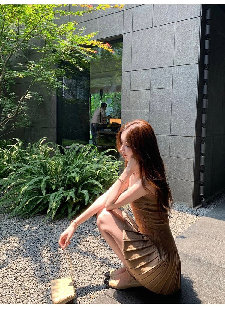 우아함 니트 오픈 가디건 슬립 플리츠 드레스 두 조각 여성 세트 몸매 가꾸기 슬림해 보이는 부드러운 바람 외부 가져 가라. 긴팔 세트 상세 이미지 5
