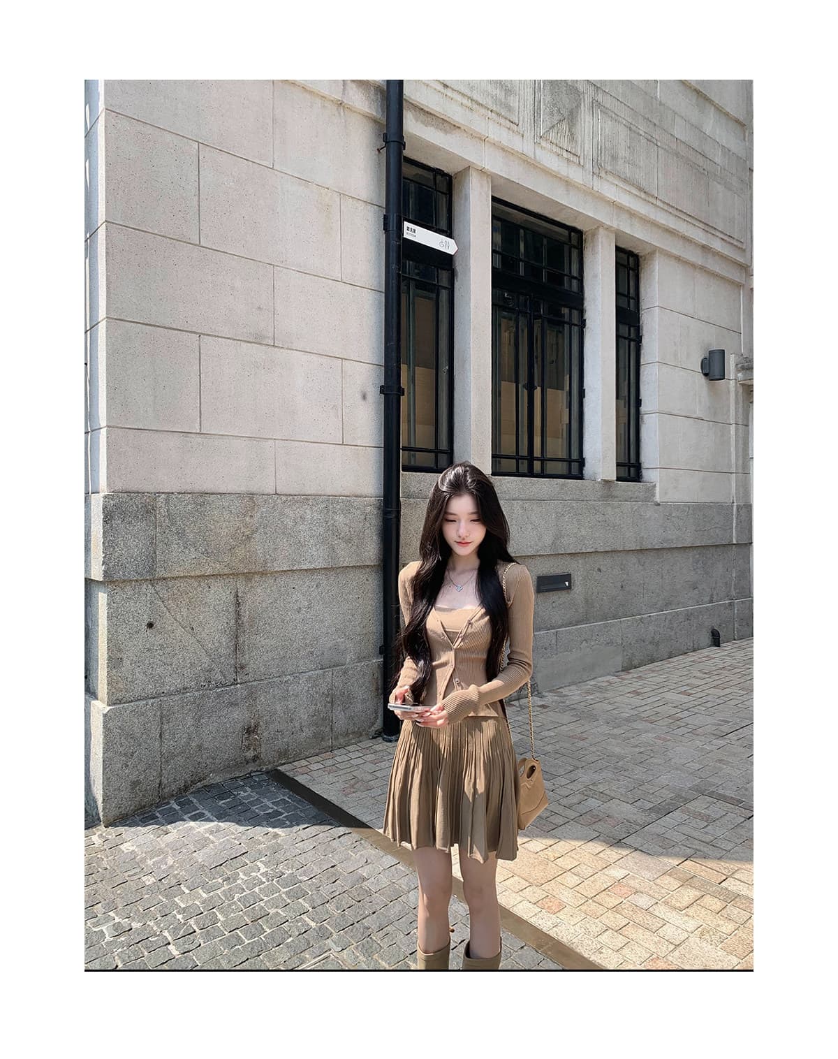 긴팔 니트 오픈 가디건 슬립 플리츠 드레스 두 조각 여성 세트 몸매 가꾸기 슬림해 보이는 일상 출퇴근 부드러운 세트 상세 이미지 7