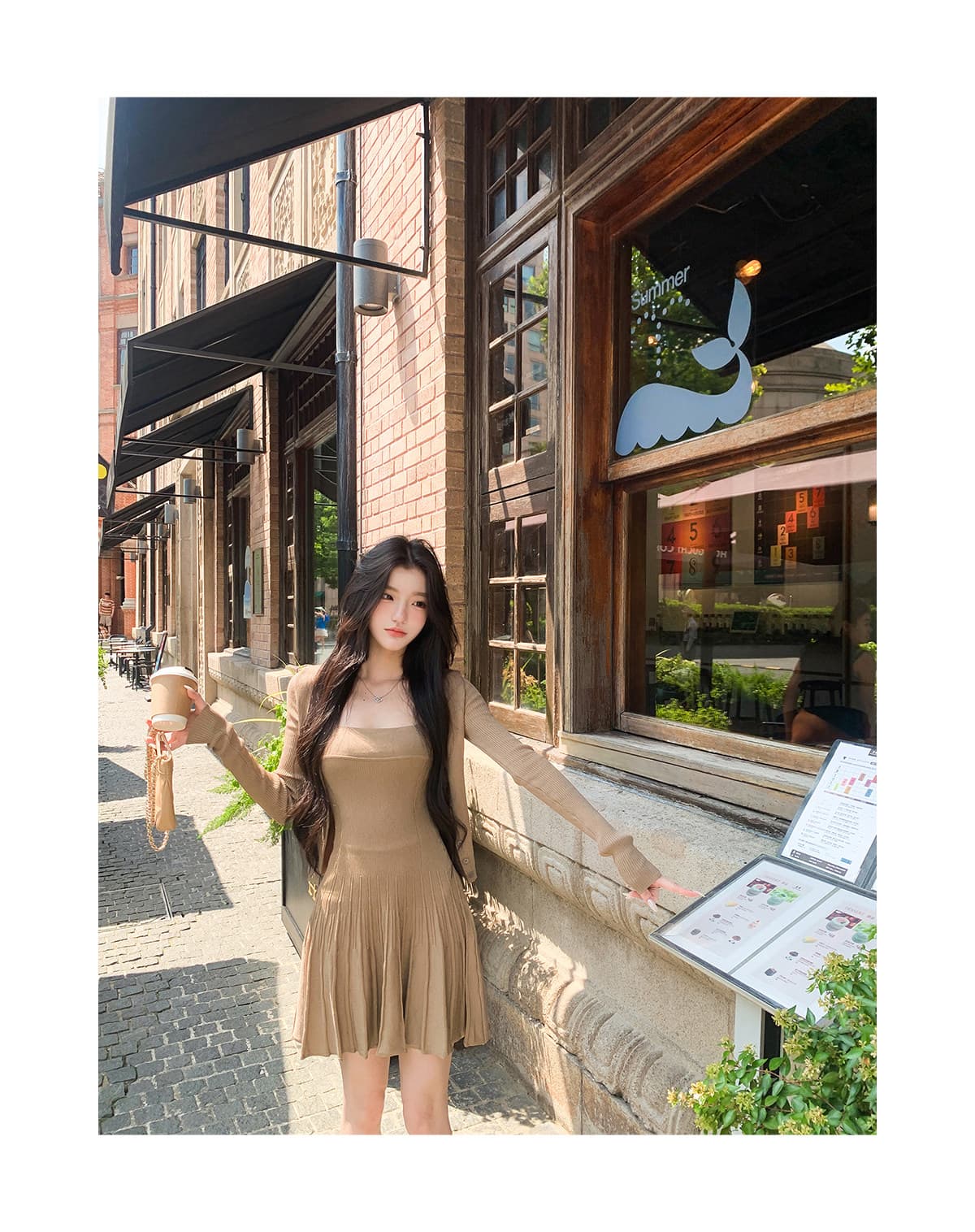 긴팔 니트 오픈 가디건 슬립 플리츠 드레스 두 조각 여성 세트 몸매 가꾸기 슬림해 보이는 일상 출퇴근 부드러운 세트 상세 이미지 23