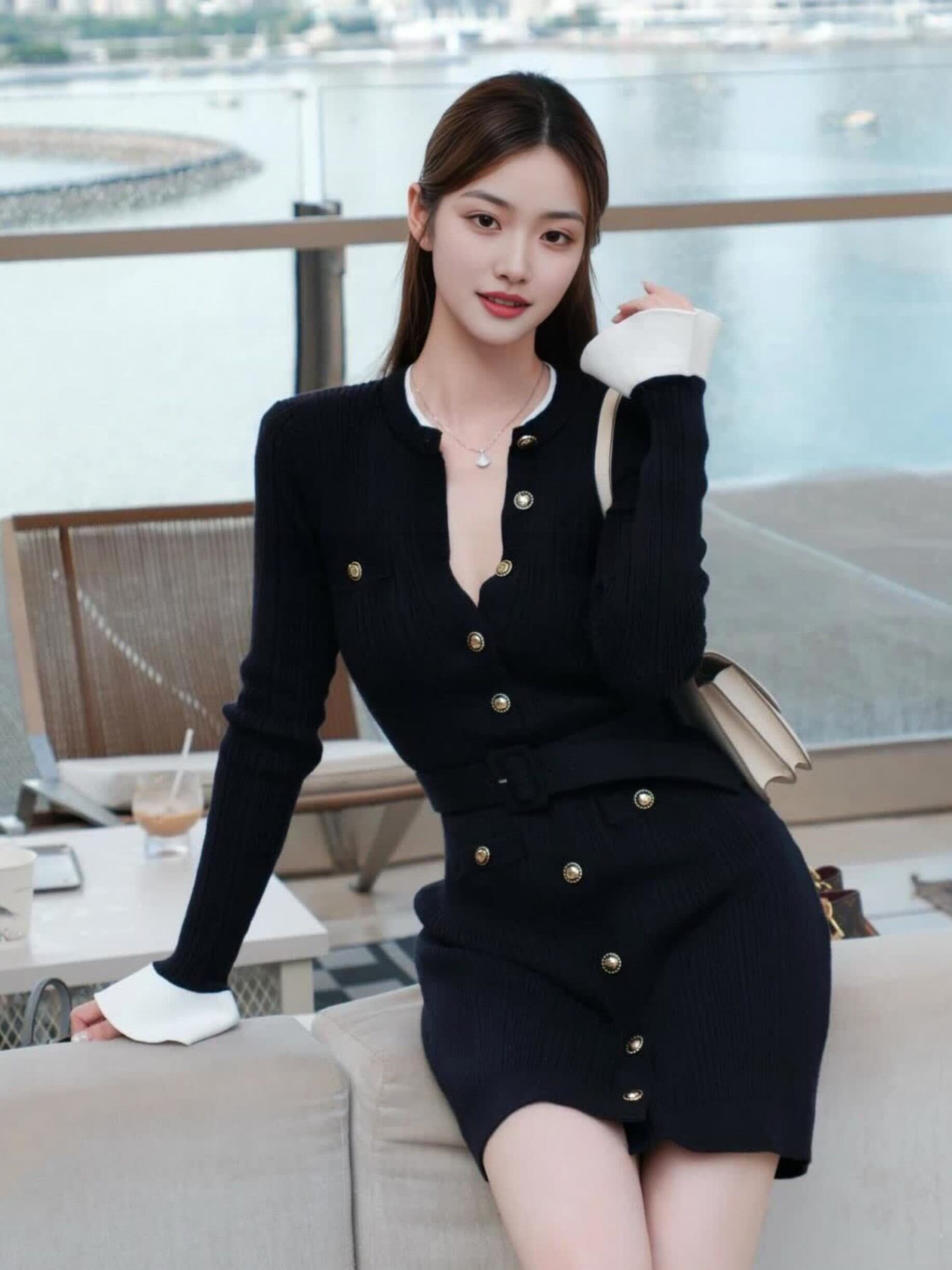 작은 샤넬 스타일 패션 니트 여성 드레스 단일 행 골드 버클 허리 수축 나팔 소매 품격 몸매 가꾸기 타이트 스커트 쇼트 스타일 치마 이미지 3