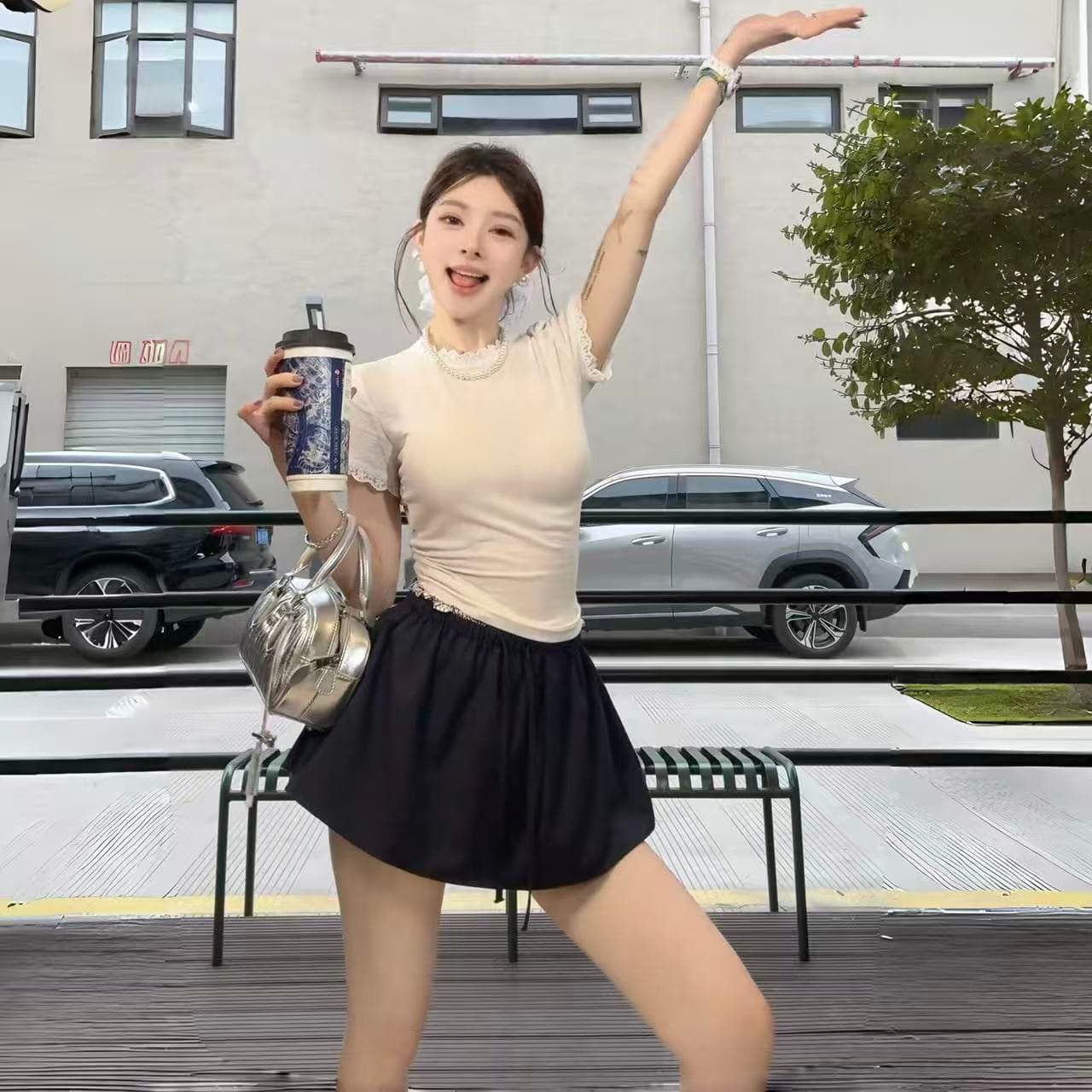 화이트 레이스 측면 라운드 넥 티셔츠 몸매 가꾸기 순수한 욕망 맨위 발레 학원 스타일 꽃밭 치마바지 페이크 레이어드 허리밴드 이미지 5