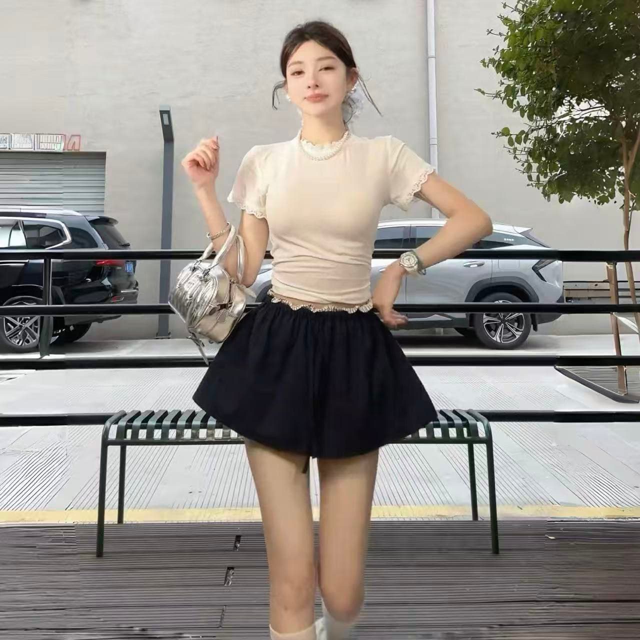 화이트 레이스 측면 라운드 넥 티셔츠 몸매 가꾸기 순수한 욕망 맨위 발레 학원 스타일 꽃밭 치마바지 페이크 레이어드 허리밴드 상세 이미지 2