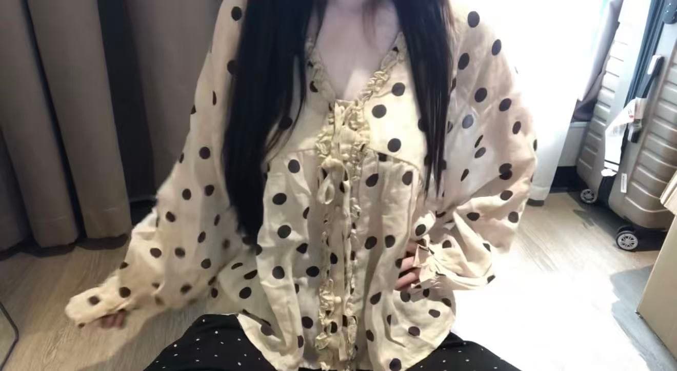 26 년 새로운 순수한 라미 도트 무늬 맨위 프릴 긴팔 레이스업 외부 가져 가라. 캐주얼 느슨함 자외선 차단 작은 셔츠 다용도 상세 이미지 7