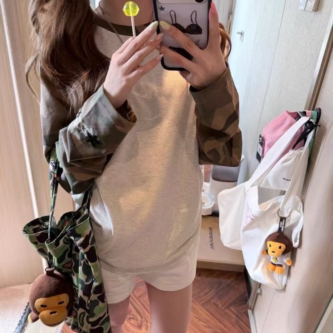 아메리칸 패치워크 카모플라주 배색 알파벳 긴팔 티셔츠 여성 이른 가을 루즈핏 슬림해 보이는 디자인 센스 느긋한 캐주얼 맨위 상세 이미지 6