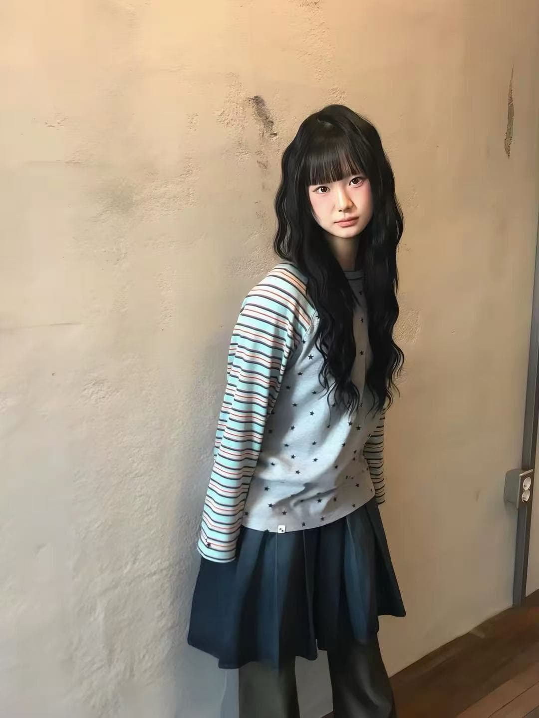 somi 홈 한국 스트레이트 우편 cavish 레트로 스트라이프 배색 별 라운드 넥 긴팔 셔츠 ins 한 바람 26ss 상세 이미지 10