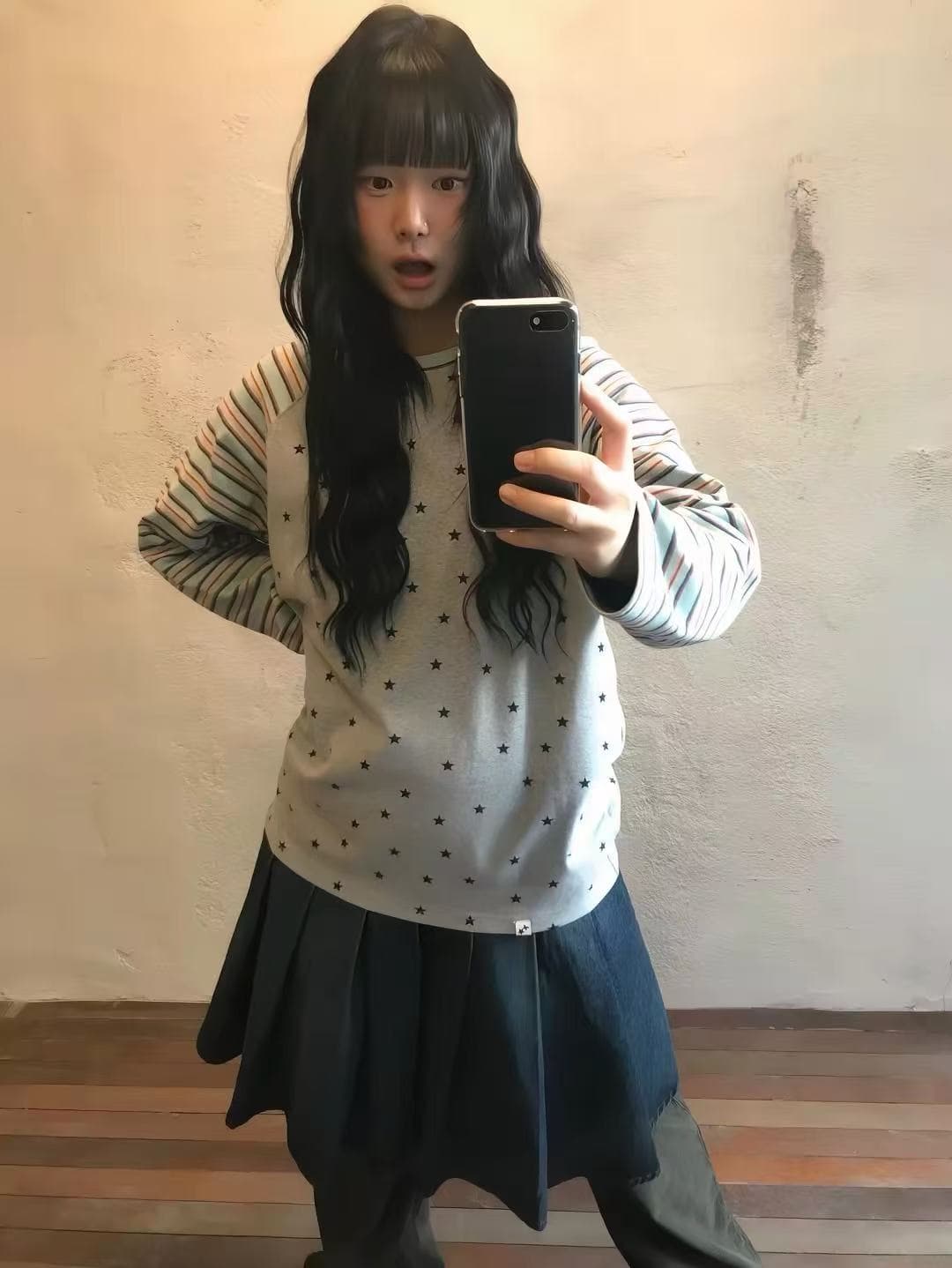 somi 홈 한국 스트레이트 우편 cavish 레트로 스트라이프 배색 별 라운드 넥 긴팔 셔츠 ins 한 바람 26ss 상세 이미지 11