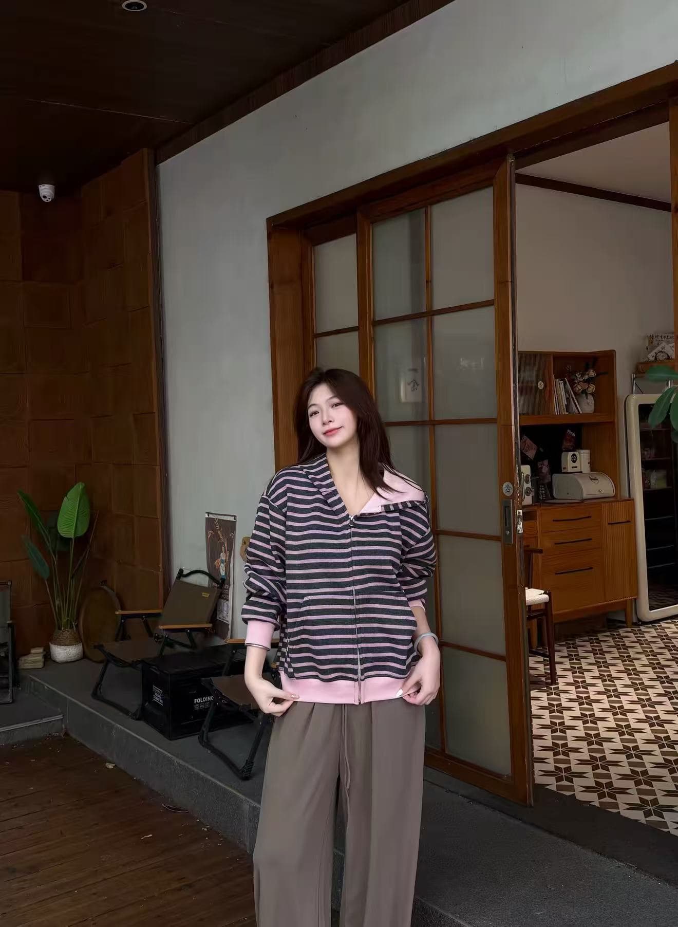 원본 느긋한 바람 스트라이프 후드 지퍼 오픈 가디건 후드티 2026 봄 가을 새로운 루즈핏 다용도 연령 감소 재킷 상세 이미지 4