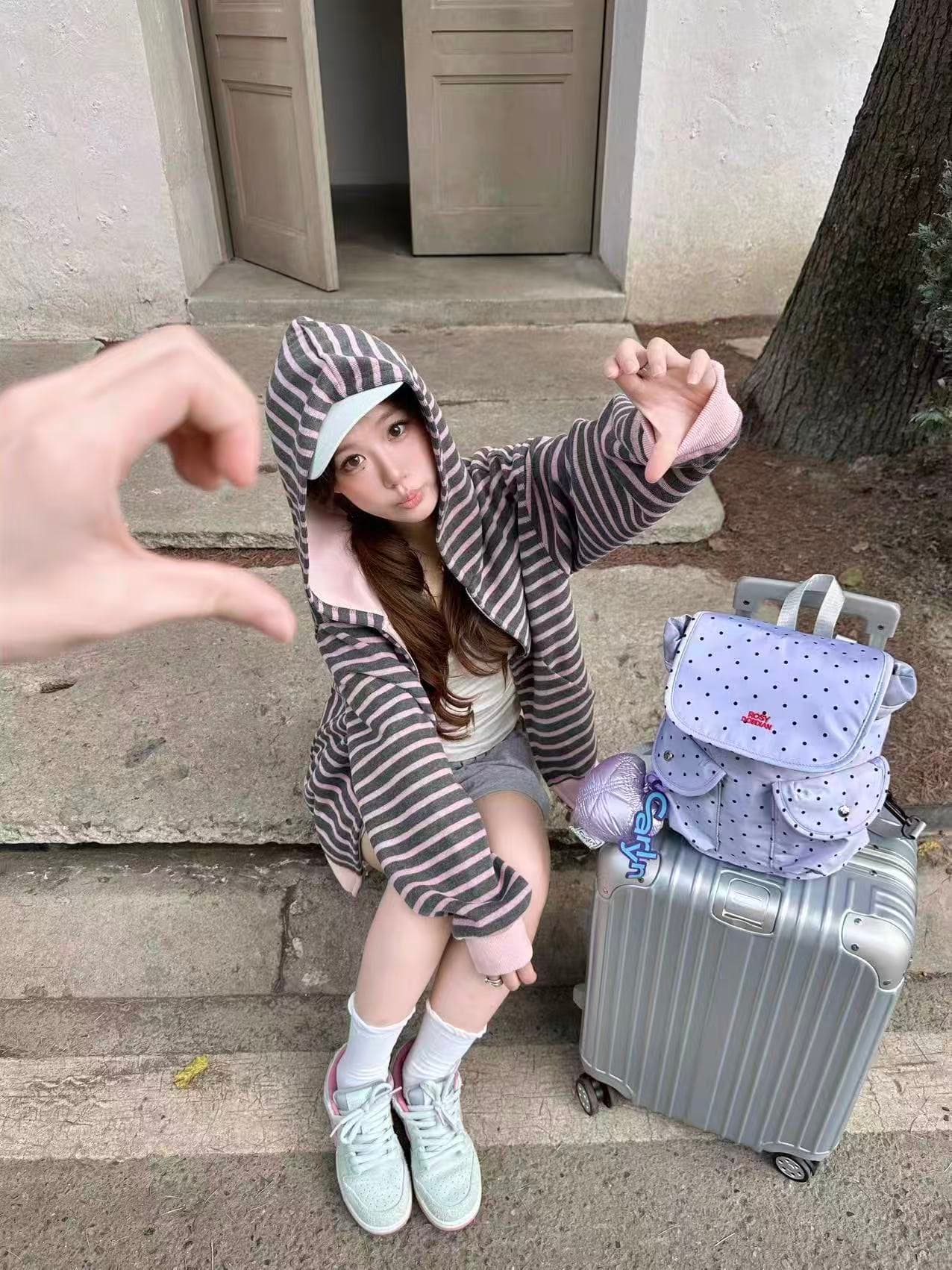 원본 느긋한 바람 스트라이프 후드 지퍼 오픈 가디건 후드티 2026 봄 가을 새로운 루즈핏 다용도 연령 감소 재킷 이미지 3