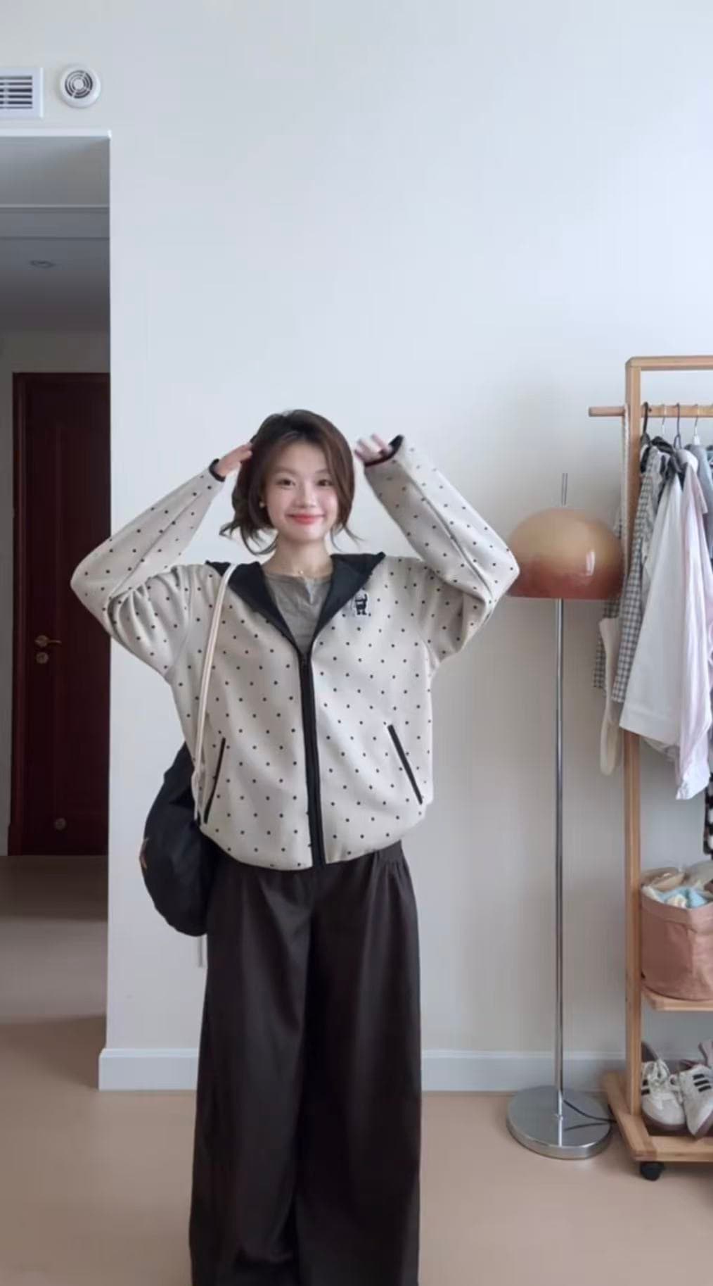 mysamesame26aw 도트 무늬 후드 오픈 가디건 남녀 루즈핏 명중 검은 색 테두리 자수 지퍼 캐주얼 후드티 재킷 이미지 3