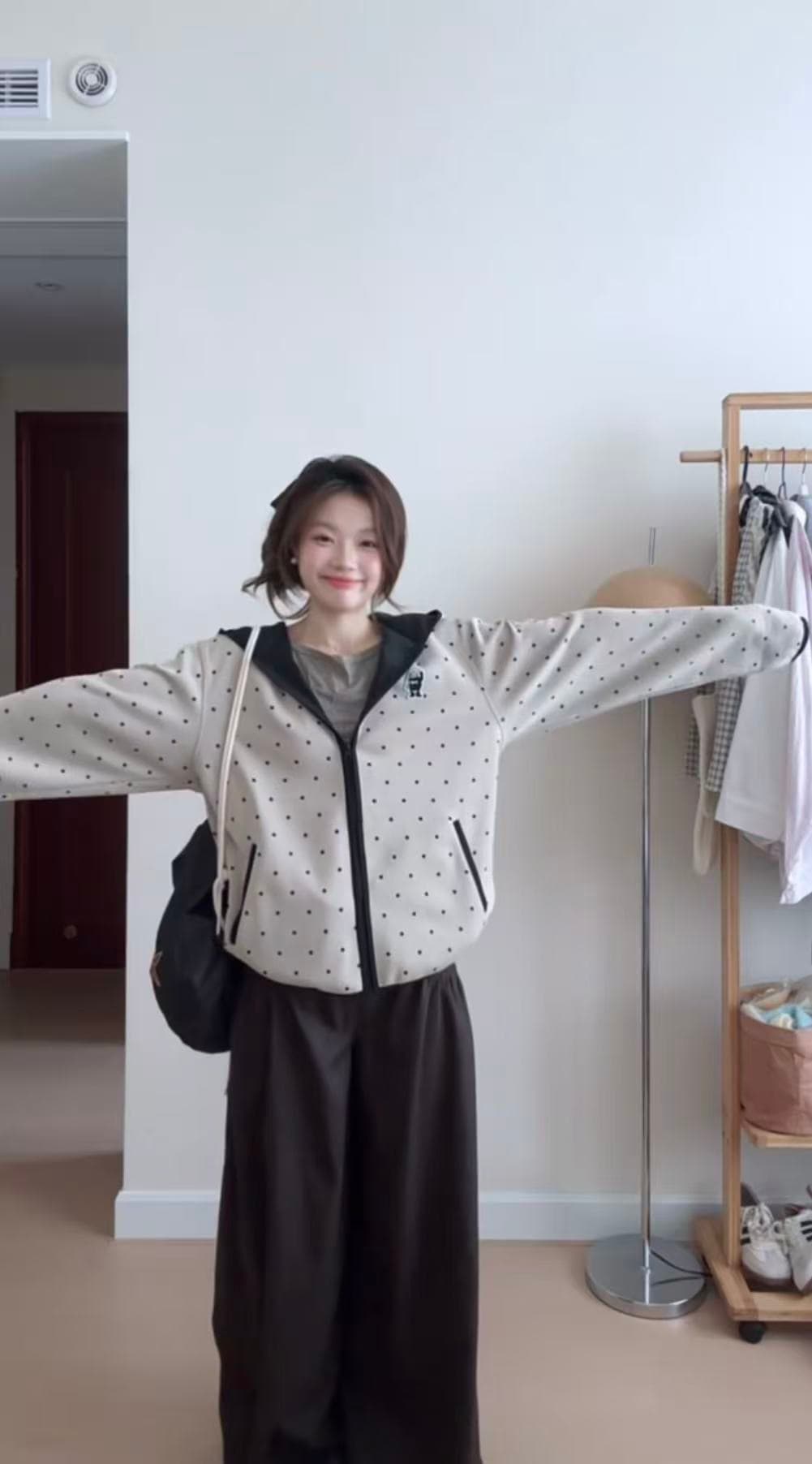 mysamesame26aw 도트 무늬 후드 오픈 가디건 남녀 루즈핏 명중 검은 색 테두리 자수 지퍼 캐주얼 후드티 재킷 이미지 4