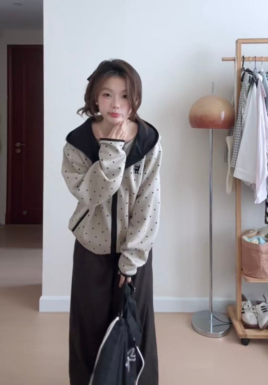 mysamesame26aw 도트 무늬 후드 오픈 가디건 남녀 루즈핏 명중 검은 색 테두리 자수 지퍼 캐주얼 후드티 재킷 상세 이미지 6