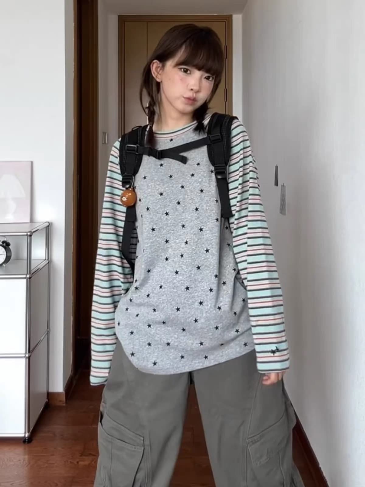 레트로 스트라이프 배색 별 라운드 넥 긴팔 셔츠 ins 한 바람
