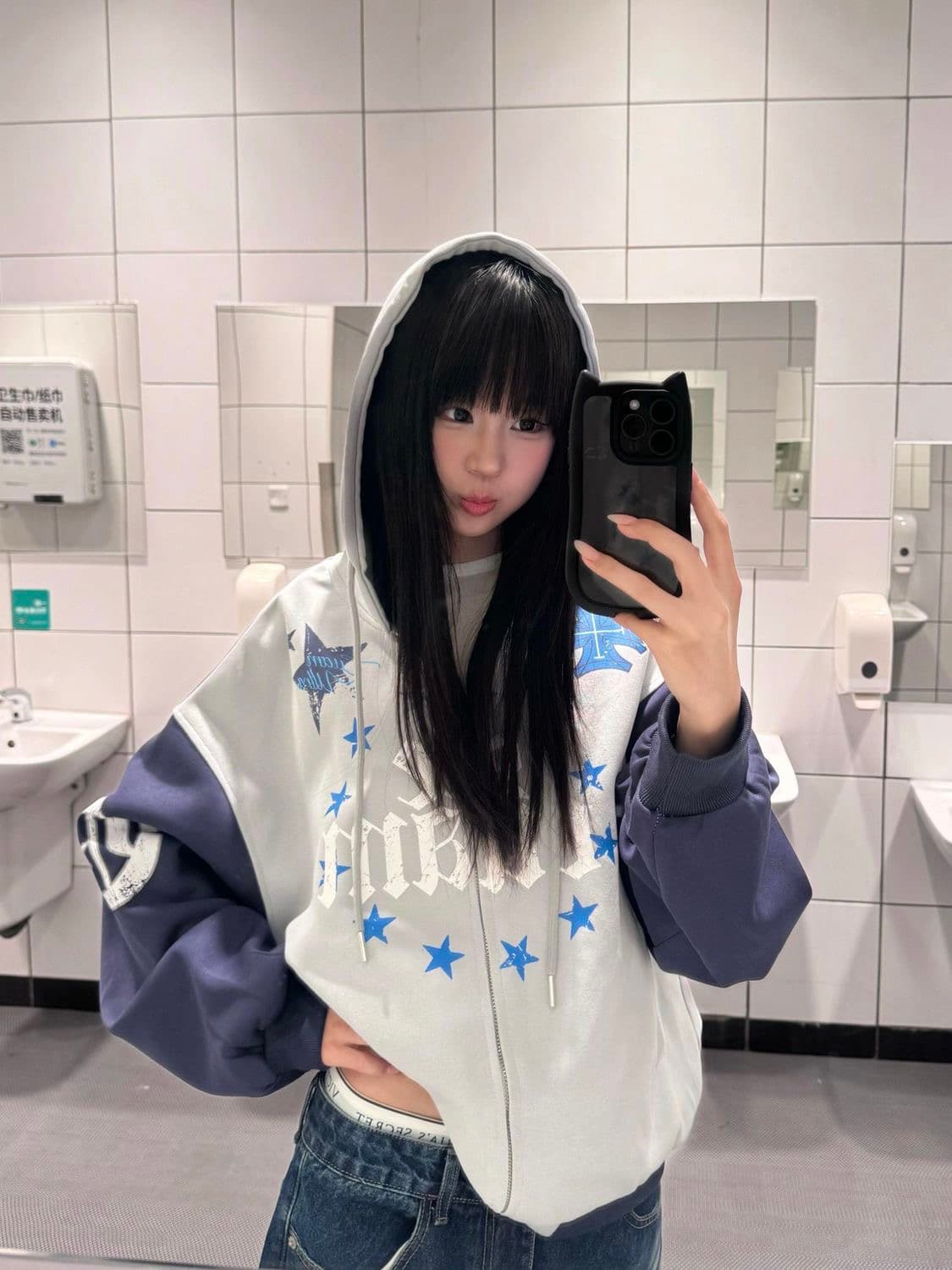 아메리칸 레트로 패치워크 배색 별 프린트 후드 오픈 가디건 후드티 남녀 루즈핏 캐주얼 다용도 재킷 상세 이미지 5