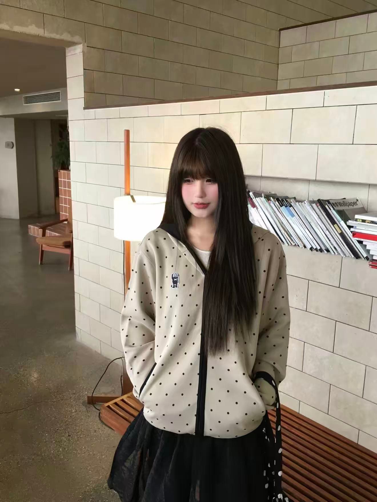 mysamesame26aw 도트 무늬 후드 오픈 가디건 남녀 루즈핏 명중 검은 색 테두리 자수 지퍼 캐주얼 후드티 재킷 이미지 2
