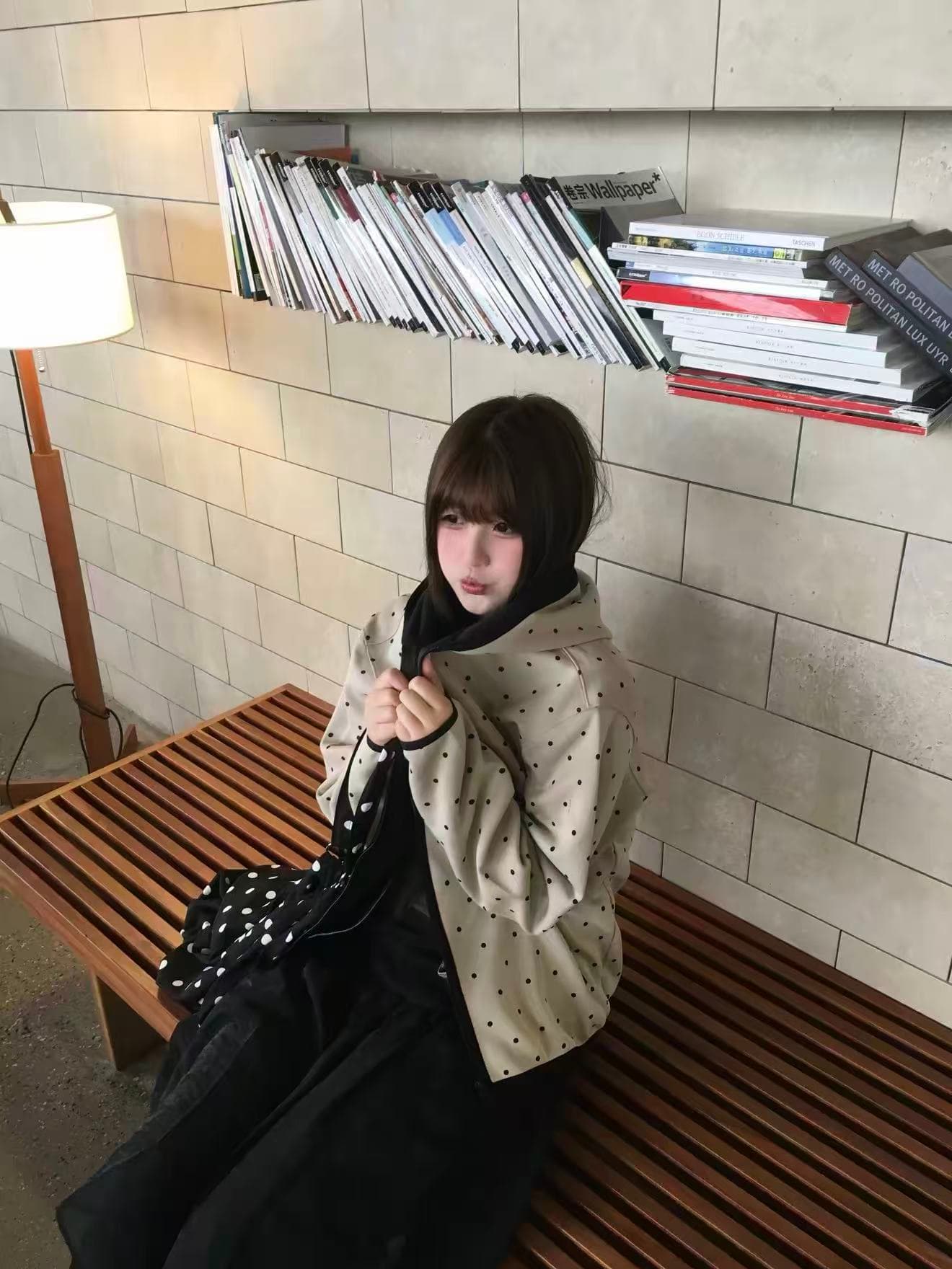 mysamesame26aw 도트 무늬 후드 오픈 가디건 남녀 루즈핏 명중 검은 색 테두리 자수 지퍼 캐주얼 후드티 재킷 상세 이미지 4