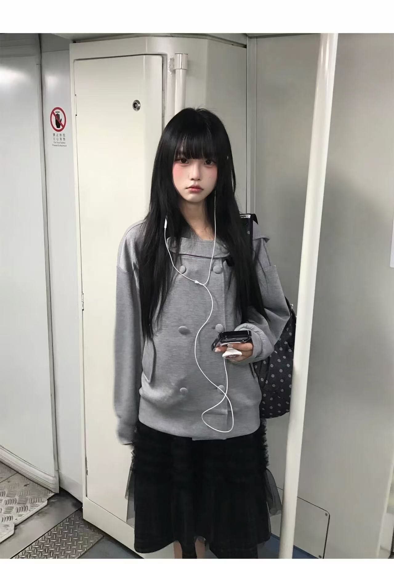 소금에 절인 녹색 매 jk 오리지널 이중 버튼 모달 빈 가스 층 후드티 한 부서 후드 티 스웨터 여성 가을 상세 이미지 13
