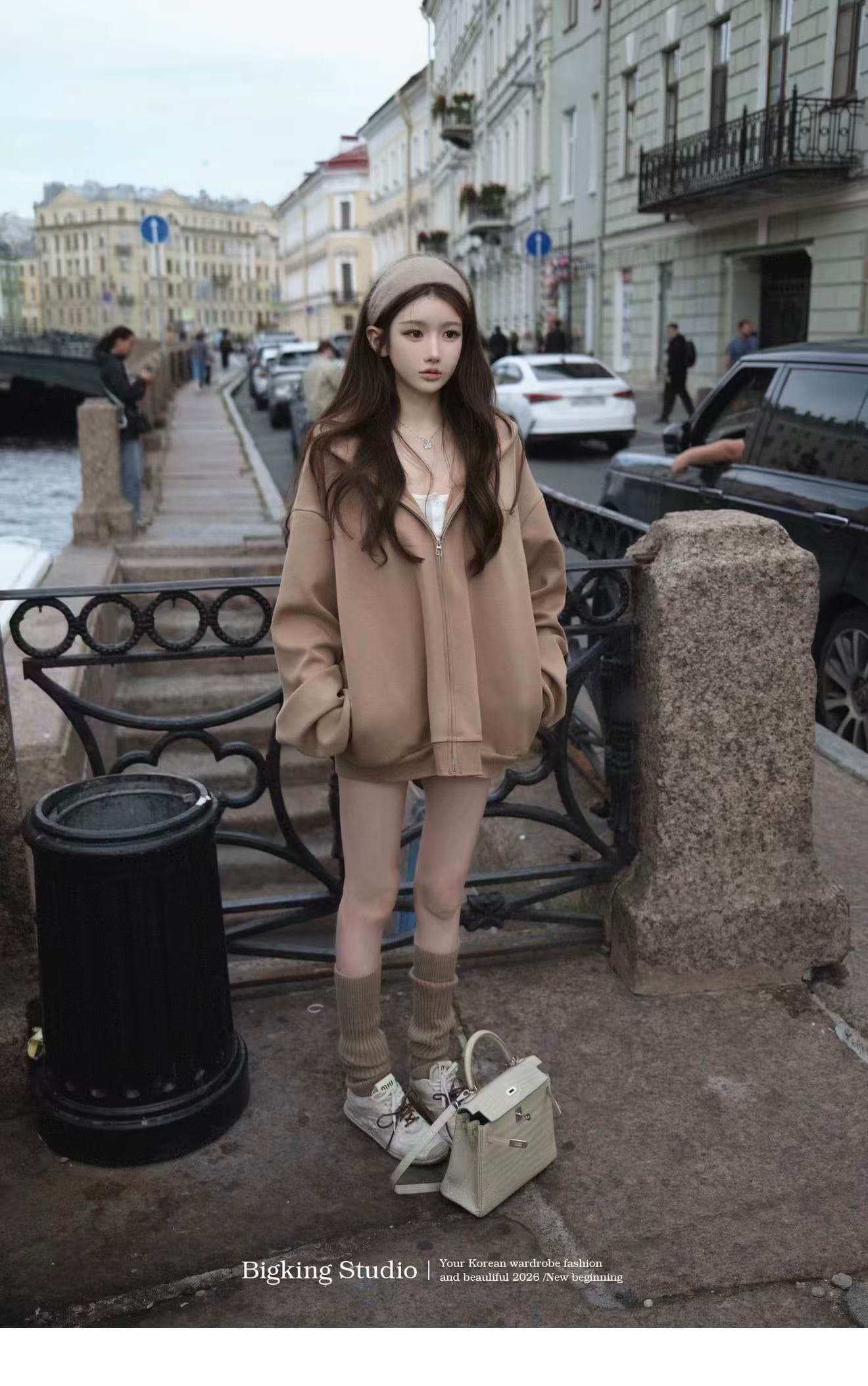 bigking 다이 킨 홈 느슨함 한 여성 oversize 카키 색 캐주얼 후드 티 스웨터 지퍼 재킷 이미지 5