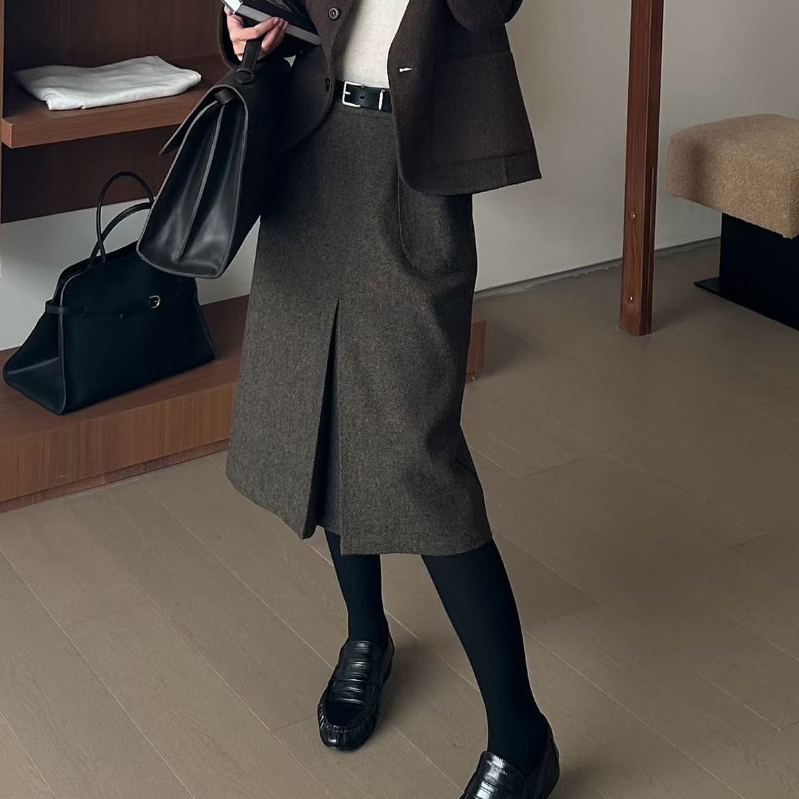 실사 겨울로 행사 센스 세련된 좋은 작은 단어 버전 헤링본 곡물 이전 트임 품격 미니멀리즘 모직 자료 롱 스커트