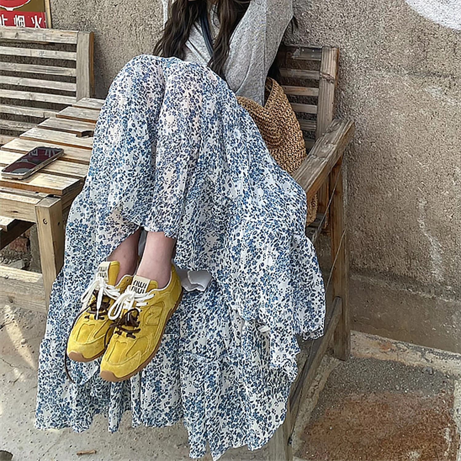 실사 파란색 꽃무늬 청화 백자 반신 스커트 여성 봄 새로운 몸매 가꾸기 A라인 스커트 하이웨이스트 중간 길이 빅 플레어 스커트 상세 이미지 4