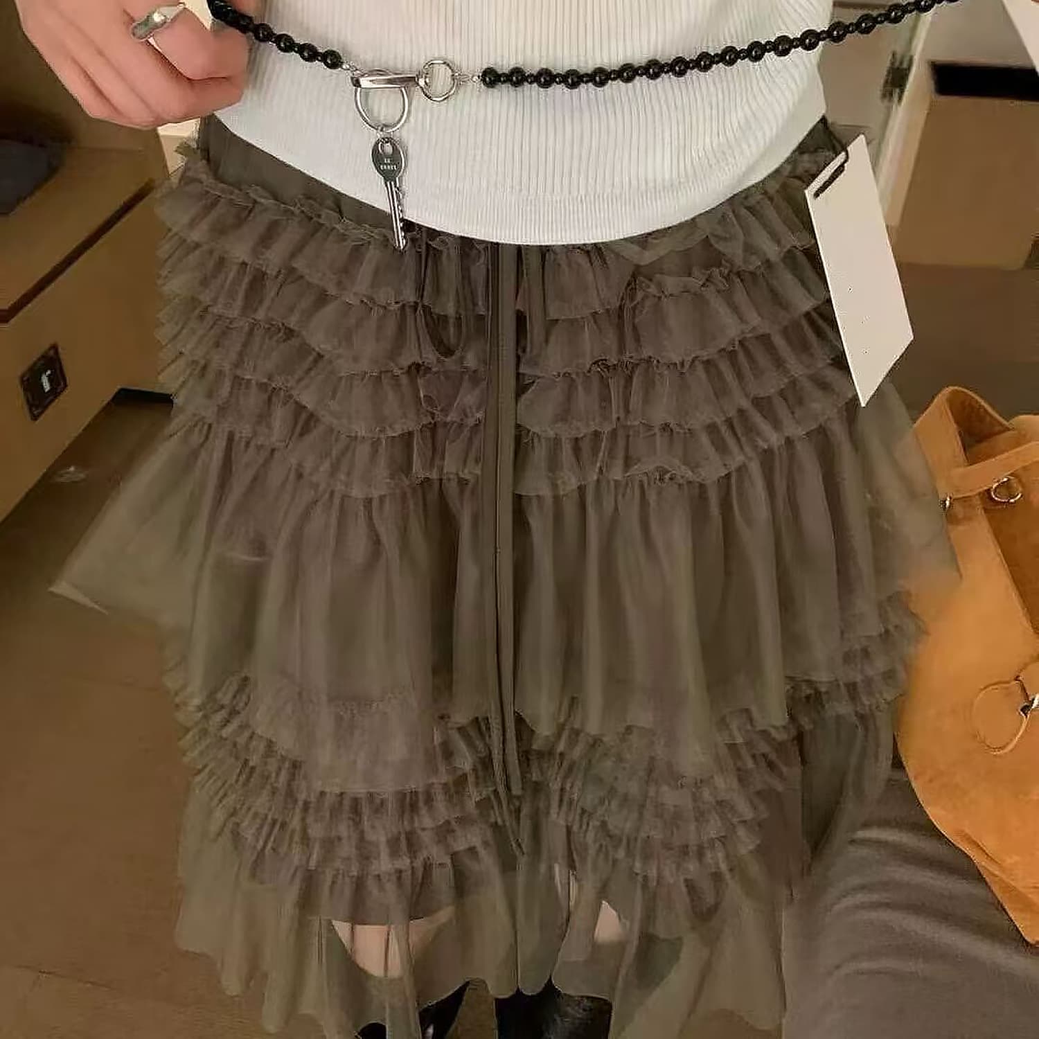 실사 새로운 프랑스식 낭만주의 층 A라인 스커트 프릴 퍼프 스커트 중간 스커트 반신 스커트 새로운 망사 치마 상세 이미지 3