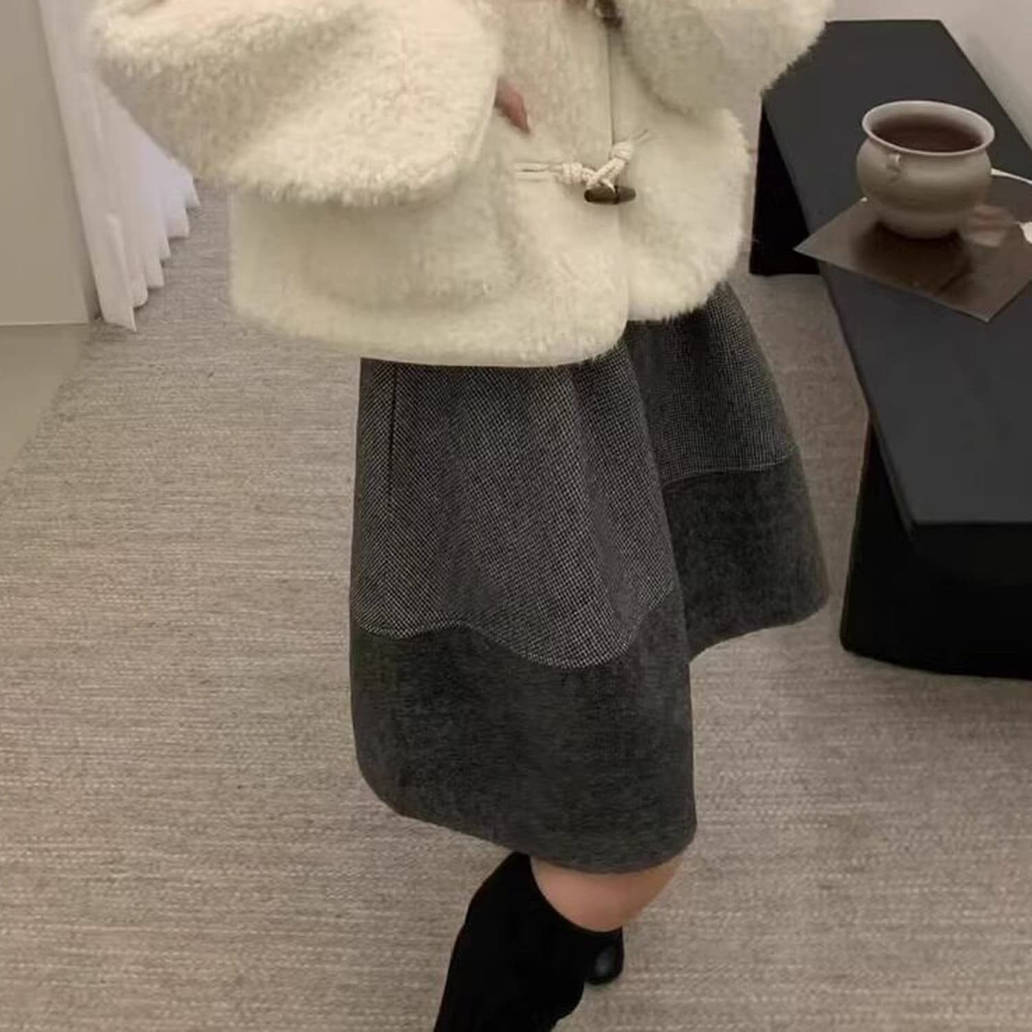 실사 한 부서 새로운 패치워크 배색 높음 럭셔리 체크무늬 하이웨이스트 슬림해 보이는 다용도 가을 겨울 봄 모직 꽃밭 치마 여성 상세 이미지 8