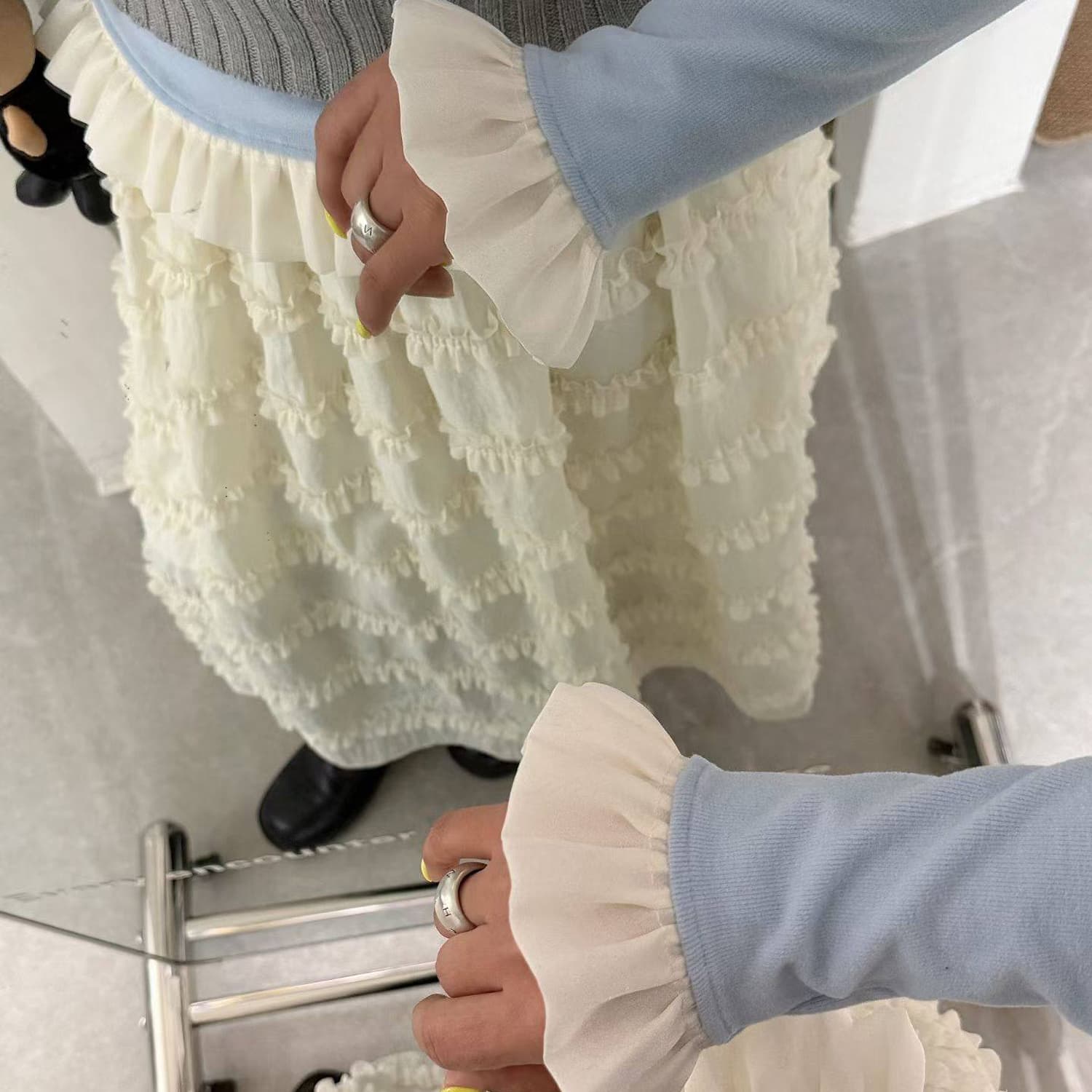 실사 한국 새로운 우유 화이트 슈퍼 요정 부드러운 프릴 허리밴드 반신 스커트 여성 고급 센스 작은 대중 치마 상세 이미지 3